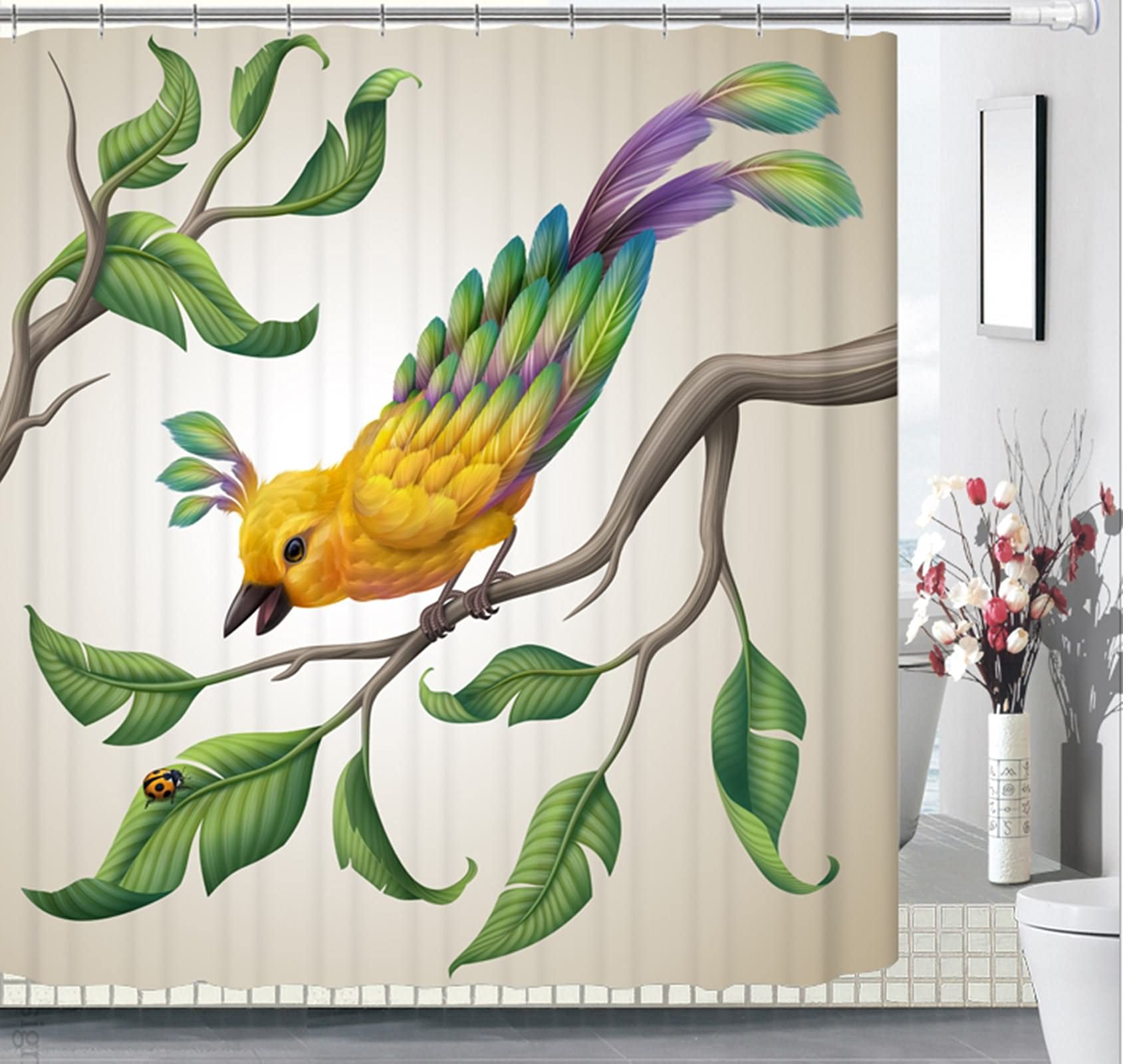 Rideau douche oiseau 3D KnSam 150x180cm vert jaune en tissu imperméable 90g pour baignoire