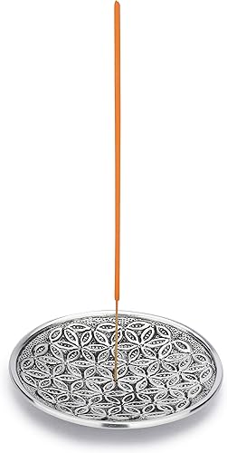 Miniatura 4 de Ajuny Quemador de incienso redondo de aluminio con colector de cenizas, acabado plateado, diseño de árbol tibetano, soporte de incienso de 3.1 in,