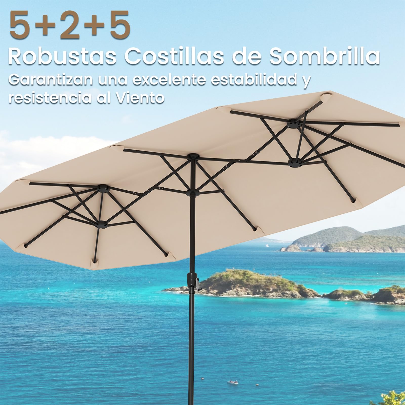 COSTWAY Sombrilla Terraza Exterior Doble 380×200 cm, Sombrilla Doble para Jardin con Manivela y 12 Varillas Resistente,Parasol Terraza Exterior para Mercado Jardín Patio (Beige, 380×200 cm)