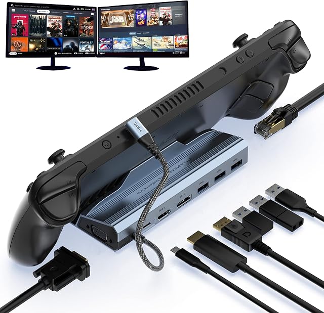 Docking Station for Steam Deck 8-in-1 Steam Deck Dock with HDMI 2.0 4K@60Hz, PD 1.2 4K@60Hz, Gigabit Ethernet, VGA 1080P@60Hz, 3 USB 3.0 and Speed Charging USB-C Port Aluminum Alloy