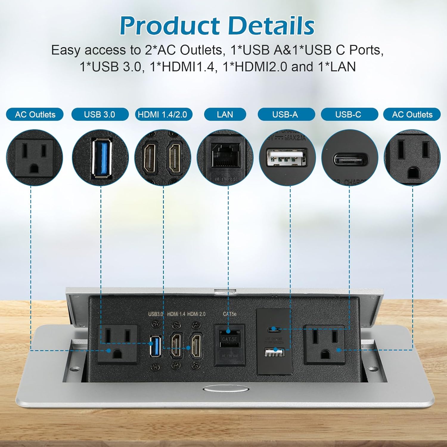 Table Pop up Power Strip Box Desktop Pop Up Outlet Recessed Multimedia Strip Socket Conference Table Power Hub Hidden Table Connection Box with Outlet Network HDMI for Office Desk (Sliver-D)