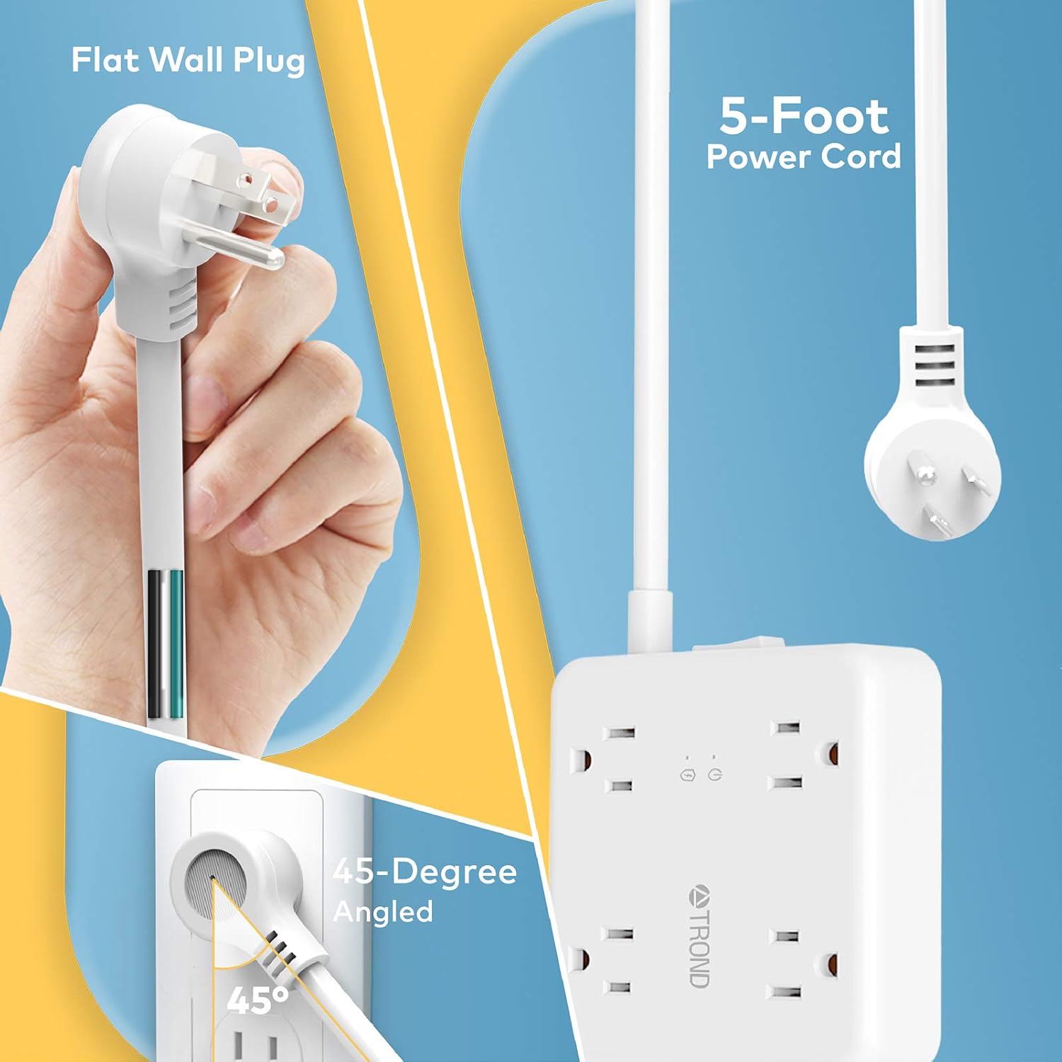 Power Strip with USB, TROND Surge Protector Flat Plug with 4 Widely-Spaced Outlets, 3 USB Ports, 1440J Protection, Wall Mountable, 5ft Extension Cord, Compact for Desk Home Dorm Room Travel, White : Electronics