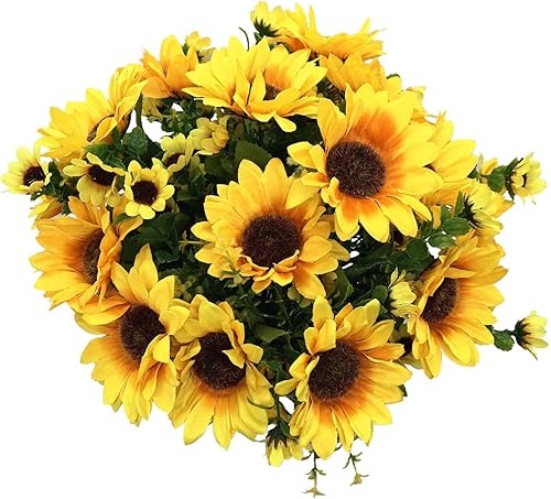 Miniatura 2 de LOVENIMEN Girasoles artificiales, flores falsas, girasoles de seda, plantas de plástico, ramo de novia de boda, fiesta, interior, exterior,