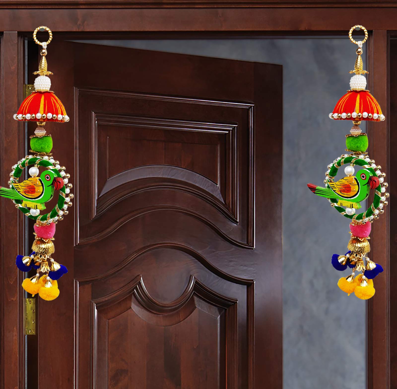 ascension Wood Parrot Pom Pom Side Door toran Traditional Art Handmade Door Bandarwal toran for Home Decor Hangings for Decoration (Small)