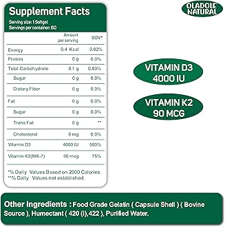 Oladole Natural Vitamin D3 4000 IU + K2 Supplement – 60 Softgels Supports Bone Health, Immunity, Healthy Muscle Function, and Bone Density | Gluten-Free, Non-GMO