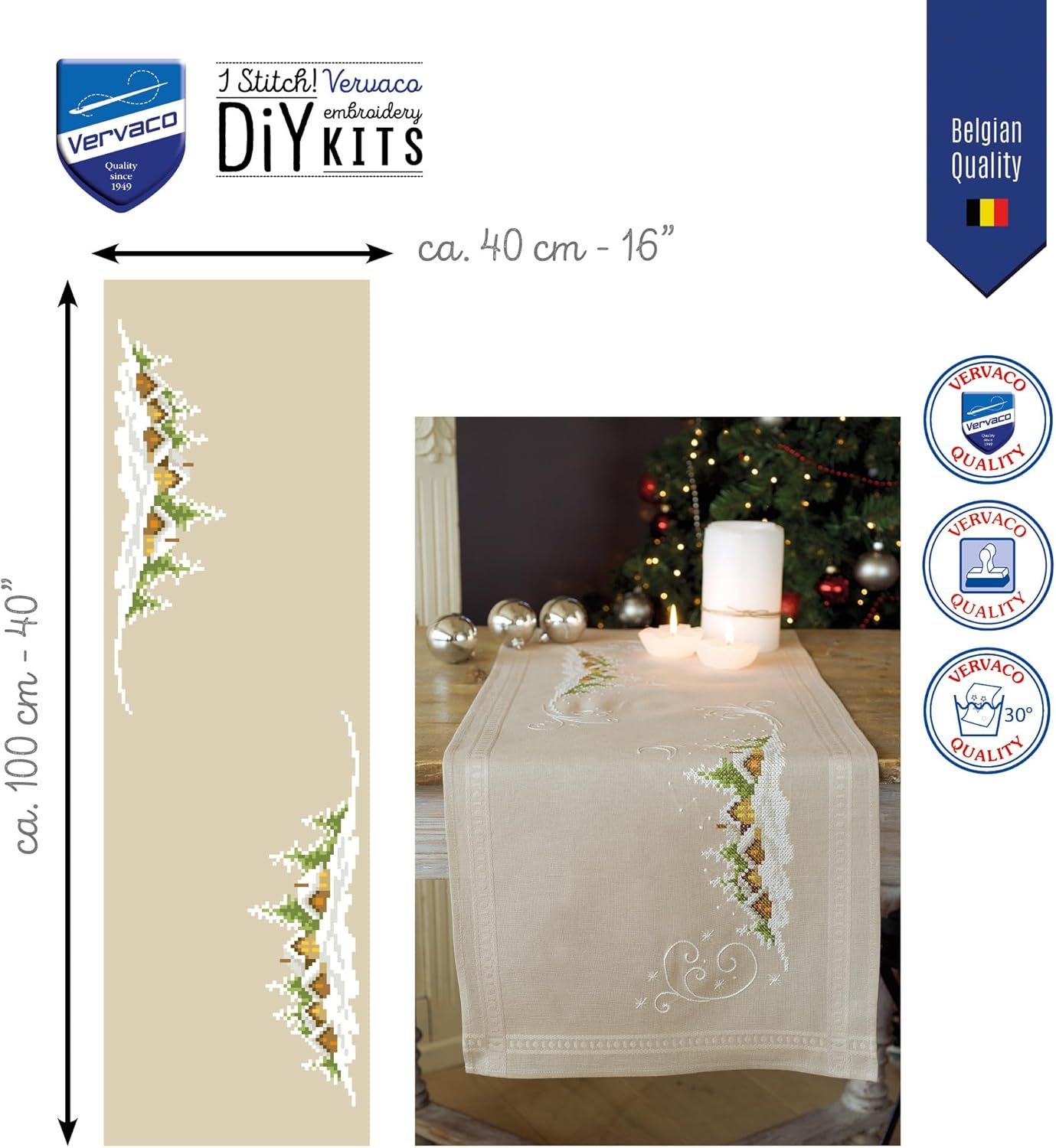 Vervaco Stamped Cross Stitch Table Runner Kit for Christmas Winter Landscape Holiday Embroidery Set ca. 16" x 40" DIY Home Decor Art and Craft Supply Creative Gift for Crafters