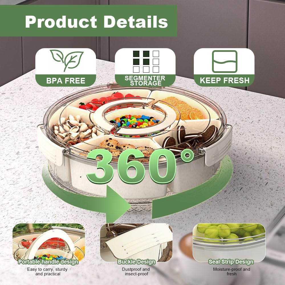 Divided Serving Tray with Lid and Handle, Portable Snackle Box for Veggie, Fruit Snacks Organizer, Clear Snack Spinner Container for Outdoor, Kitchen, Party, Travel