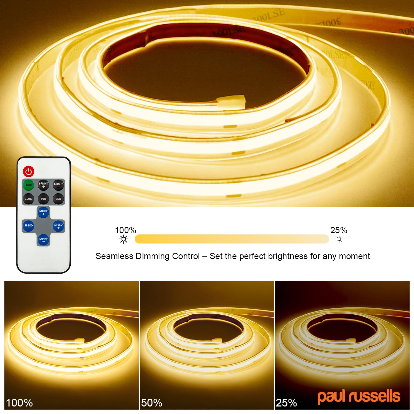 paul russells COB LED Strip Light, 24V- 5Watt/M, 320 LEDs/M, Warm White 3000K, 2300 Lumens, 5M Flexible Tape Light, IP65 - Image 4