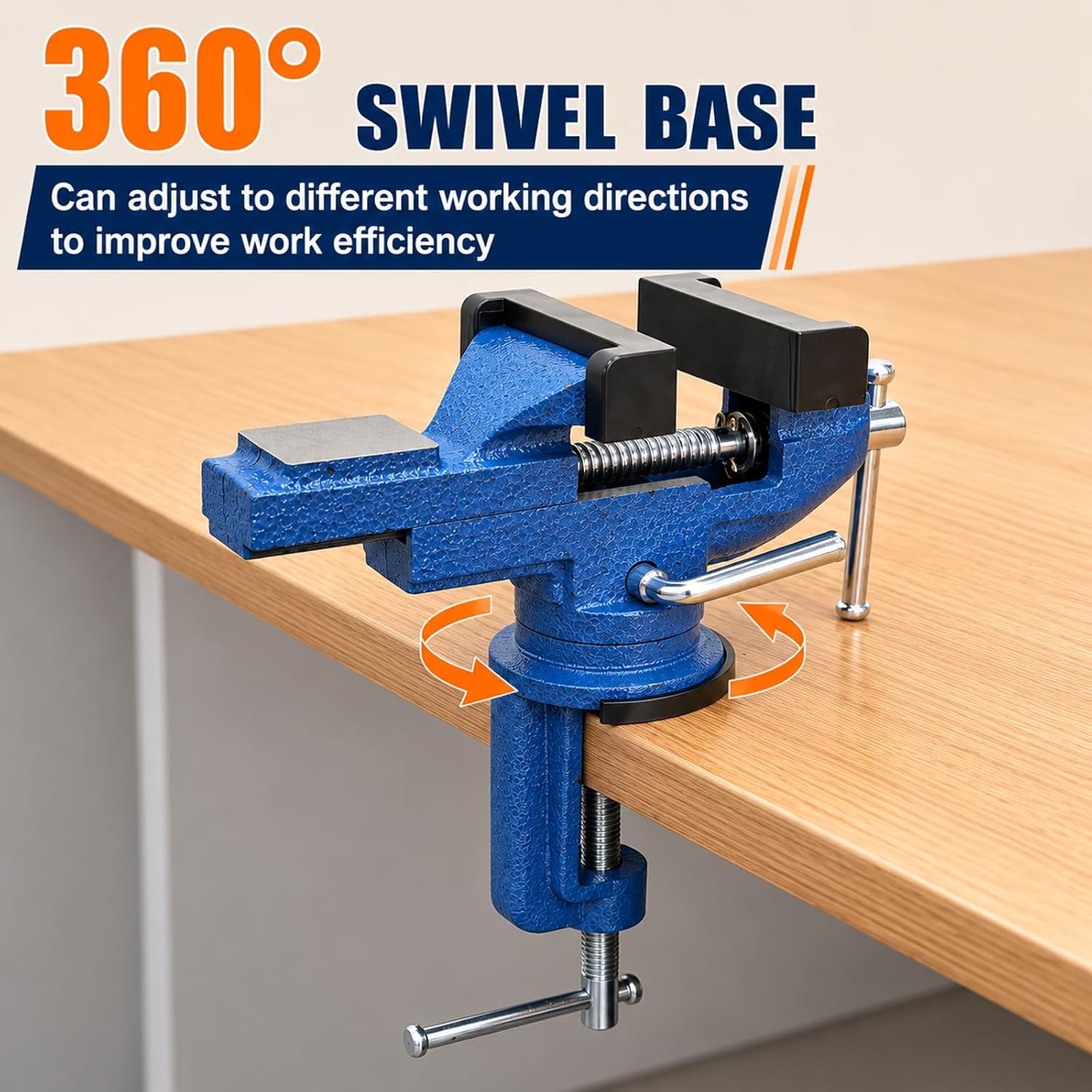 3 Inch Universal Table Vise, 360° Swivel Base Clamp-on Portable Bench Vise, Fixed Tool for Woodworking Metalworking Handcraft Creations, Drilling Sawing Cutting Conduit (Blue)