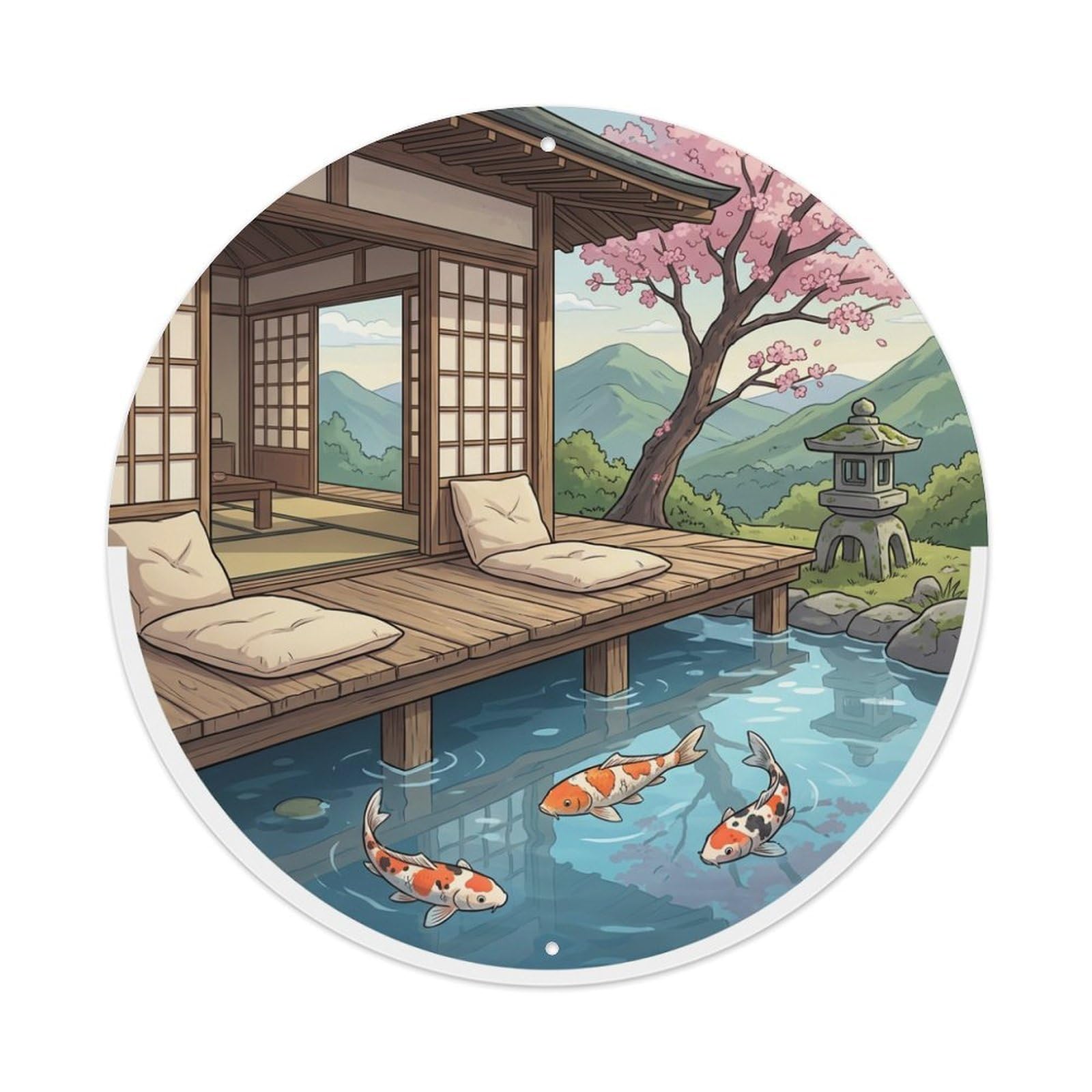 Galvaxio Style Japanese Koi Fish Wooden Deck Peaceful Sitting Metal Tin Sign