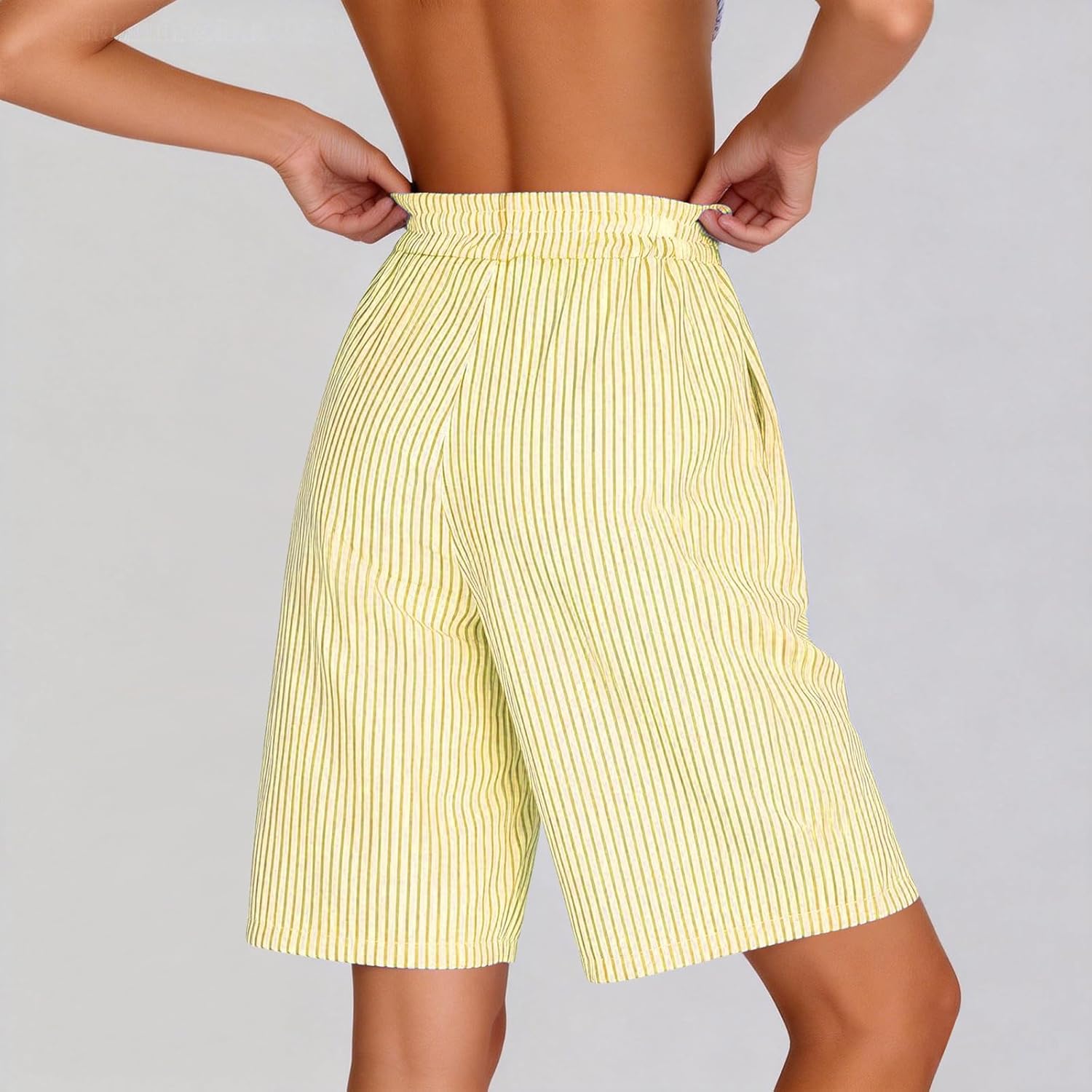 Women Wide Leg Bermuda Shorts Casual Loose Fashion Striped Beach Board Shorts Summer Travel Boho Cotton Linen Pants
