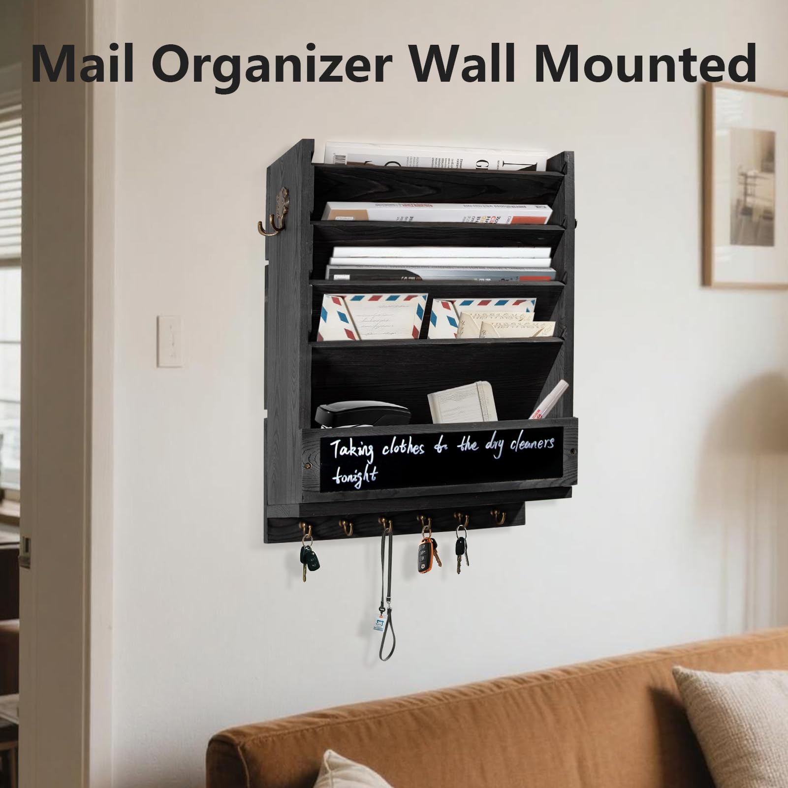 Organizador de correo de pared rústico, soporte para llaves y archivos de correo para montaje en pared, con 6 ganchos para llaves, 2 ganchos dobles para llaves, una pizarra, para el
