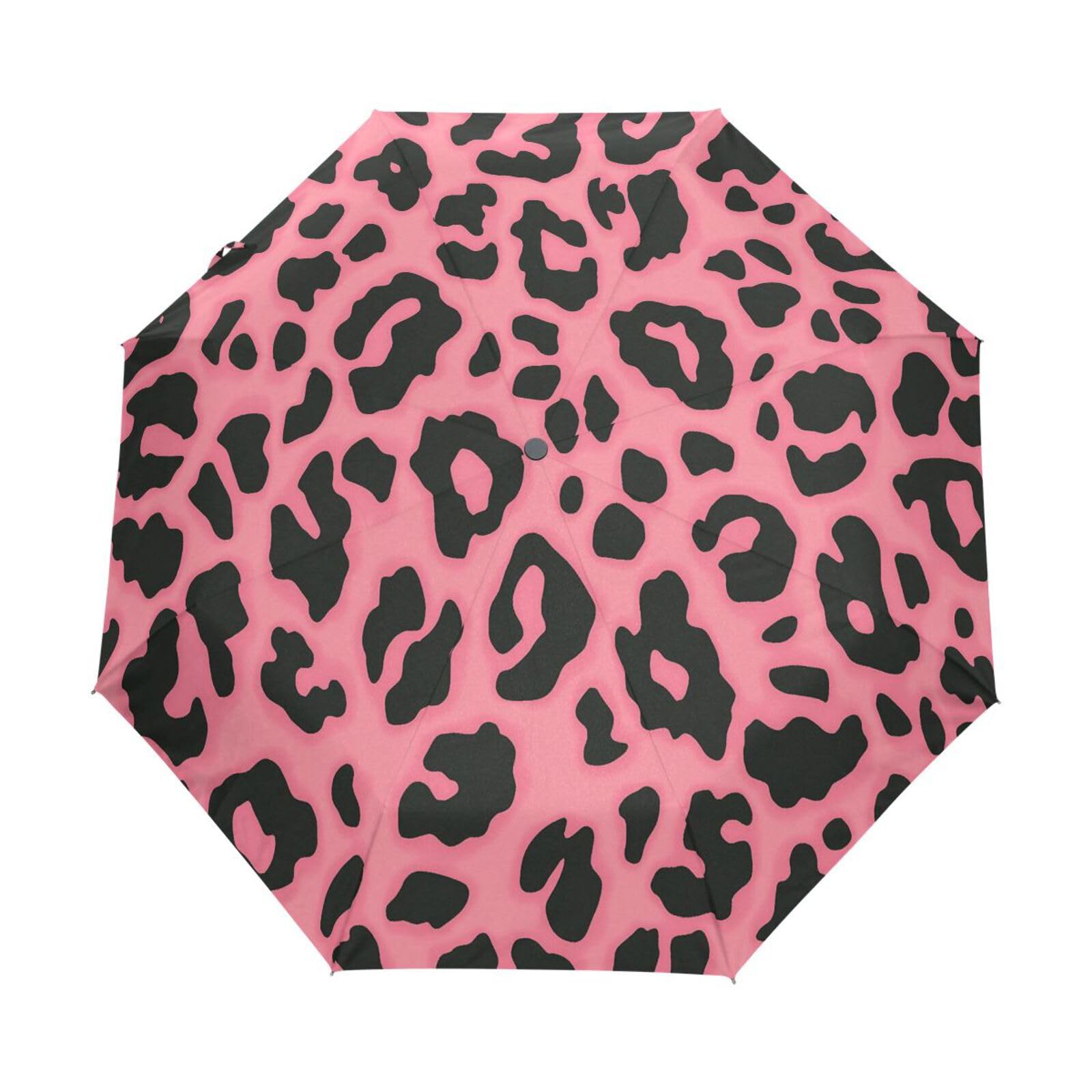 Sletend Compact Travel Umbrella Pink Leopard Print Windproof Folding Automatic Umbrella,One Touch Auto Open and Close Button Portable Light Umbrella