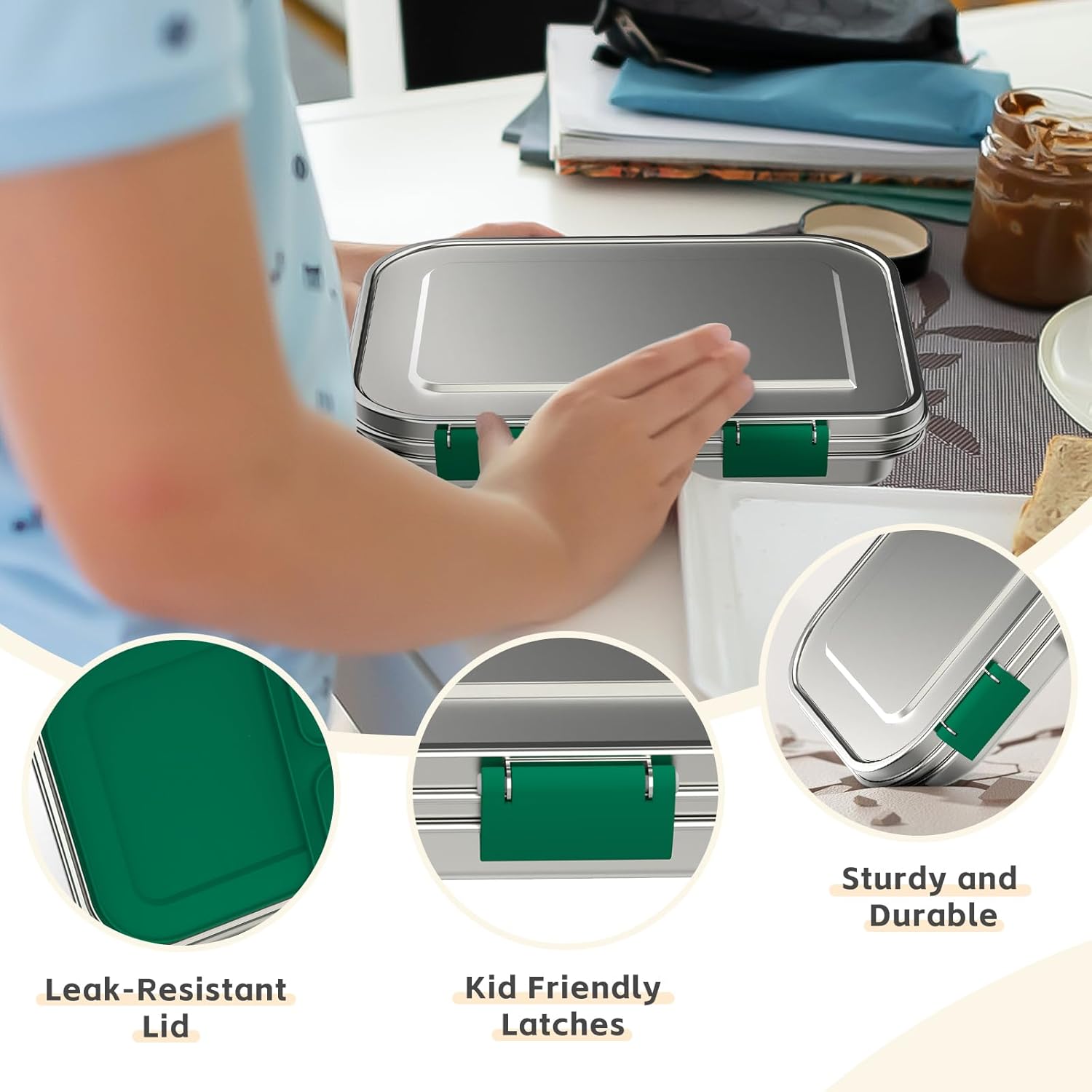Stainless Steel Kids Leak-Resistant Bento Lunch Box, 3-Compartments with Silicone Container, Dishwasher-Safe, Child-Friendly Design for School, Picnics & Travel,BPA-Free (Green)