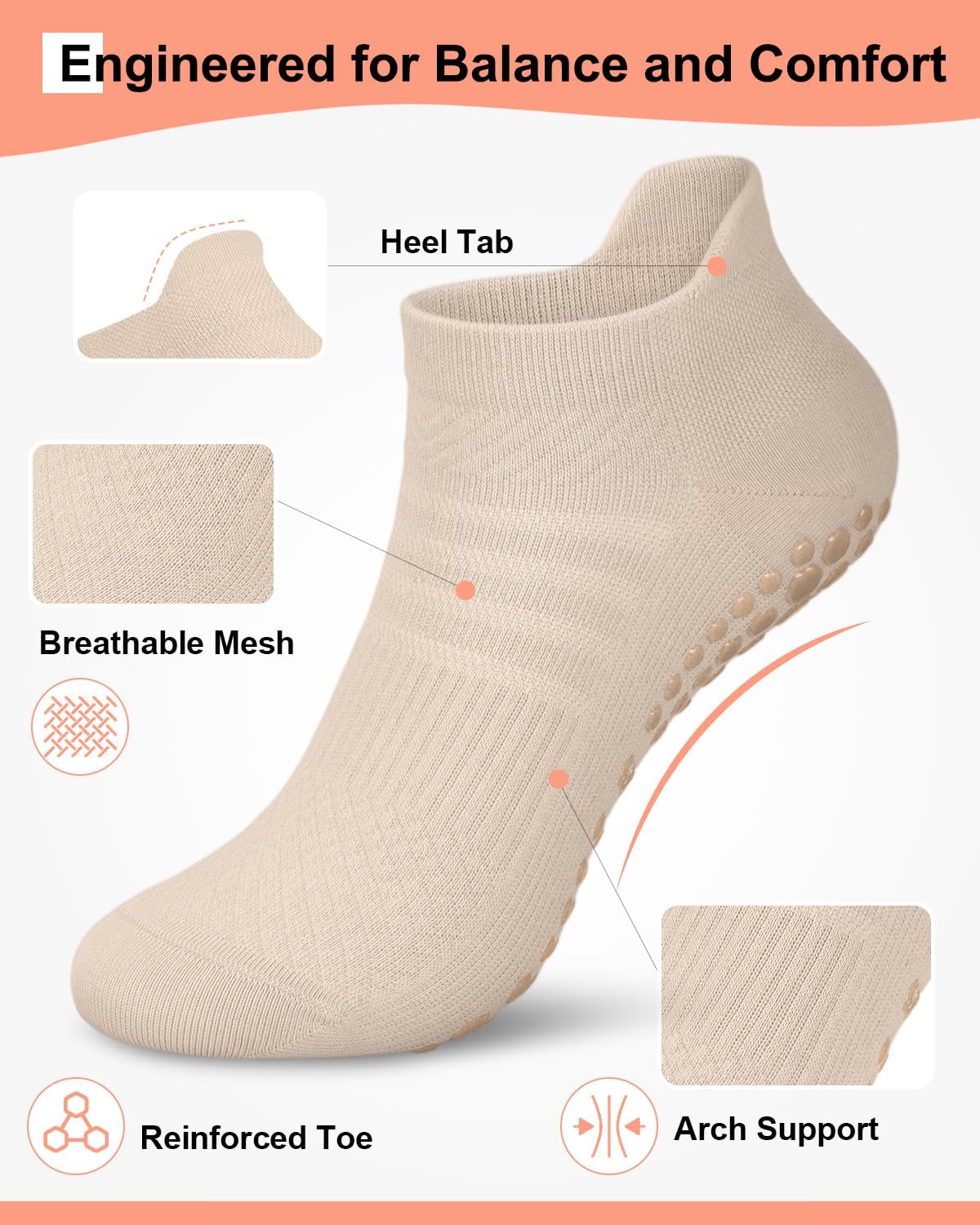 3/6 Pairs Grip Pilates Socks for Women, Non-slip Yoga Athletic Socks for Barre Ballet Barefoot Workout Hospital - Image 3