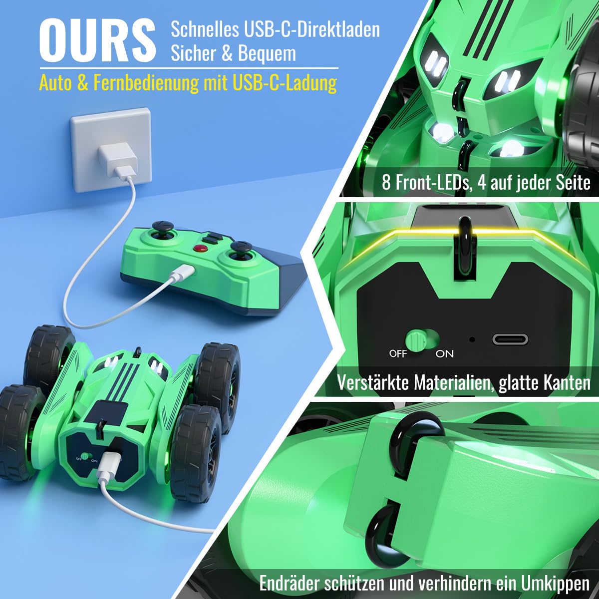 Ferngesteuertes Auto, Direktladung Exklusiv Dual-USB-C-Ladung mit LED Einstellbar, 2,4G 360° Stunt Flips & Kippschutz RC Kinderspielzeug 15km/h 4WD für Kinder 3-12 Jahre Weihnachten Feiertagsgeschenk