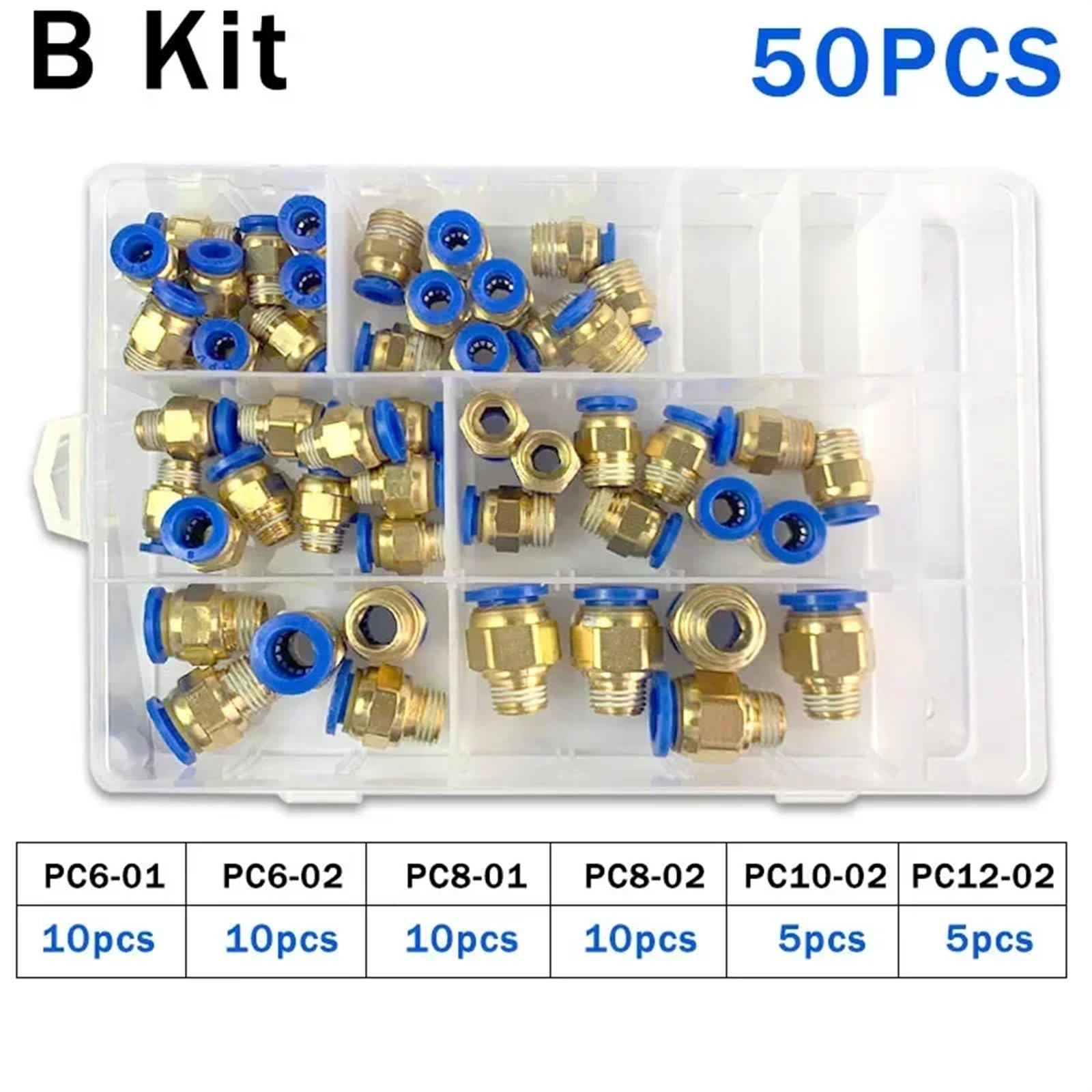 PC6-02 PC8-02 PC10-02 Serie PC conectores de manguera de junta de aire en caja Accesorios neumáticos de tubo Acoplamientos de liberación rápida de empuje 1/4 1/8(B kit (50pcs),5 BOXES)