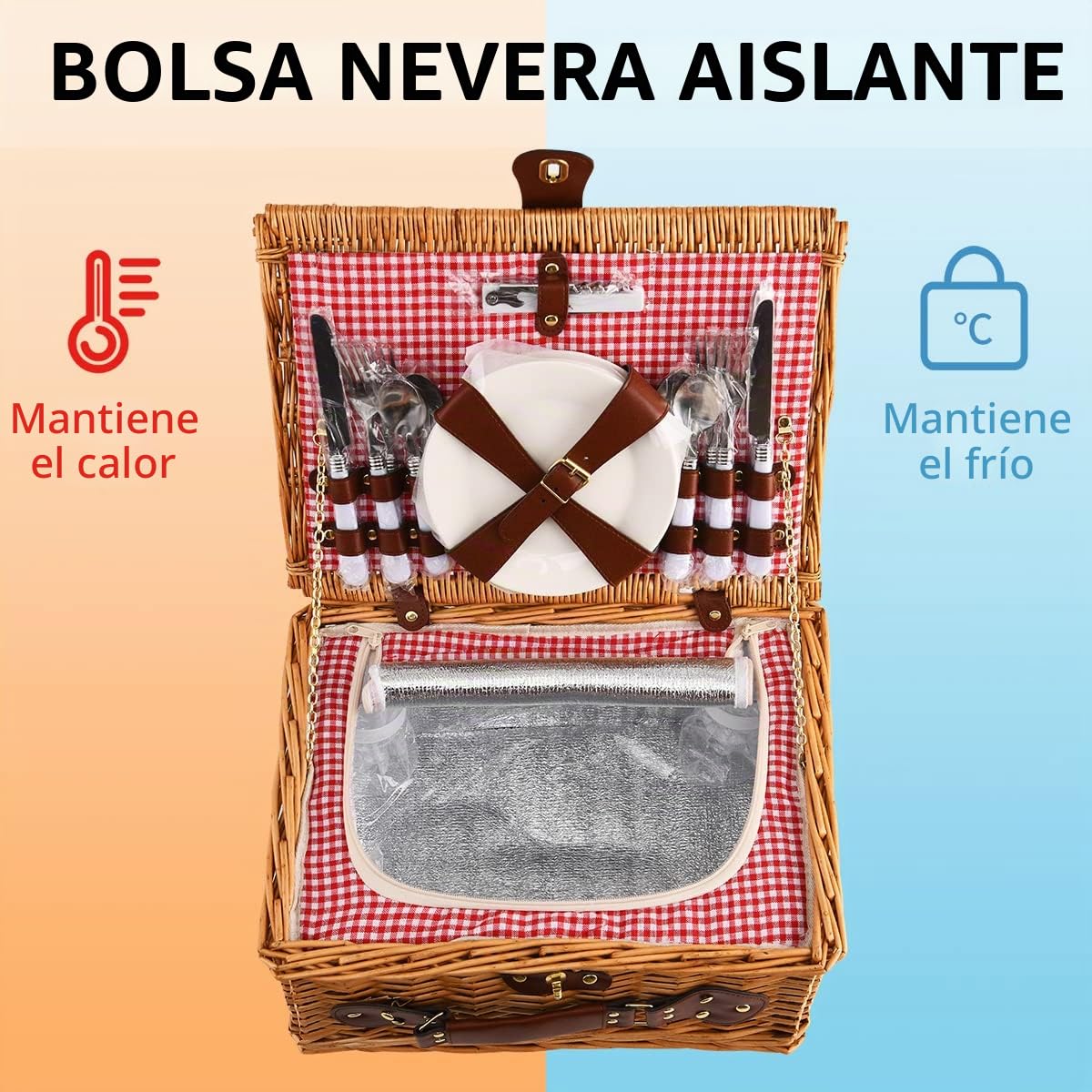 Cesta de Picnic Willow Hamper para 4 Personas, con una Caja de refrigeración aislada y una Manta Impermeable, un Paquete de Servicio de vajilla