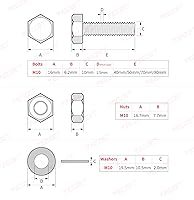 Vista 3 de YEEZET Juego de 12 tornillos de cabeza hexagonal M10, tornillos y tuercas planos y arandelas de bloqueo, kit surtido de acero aleado grado 8.8