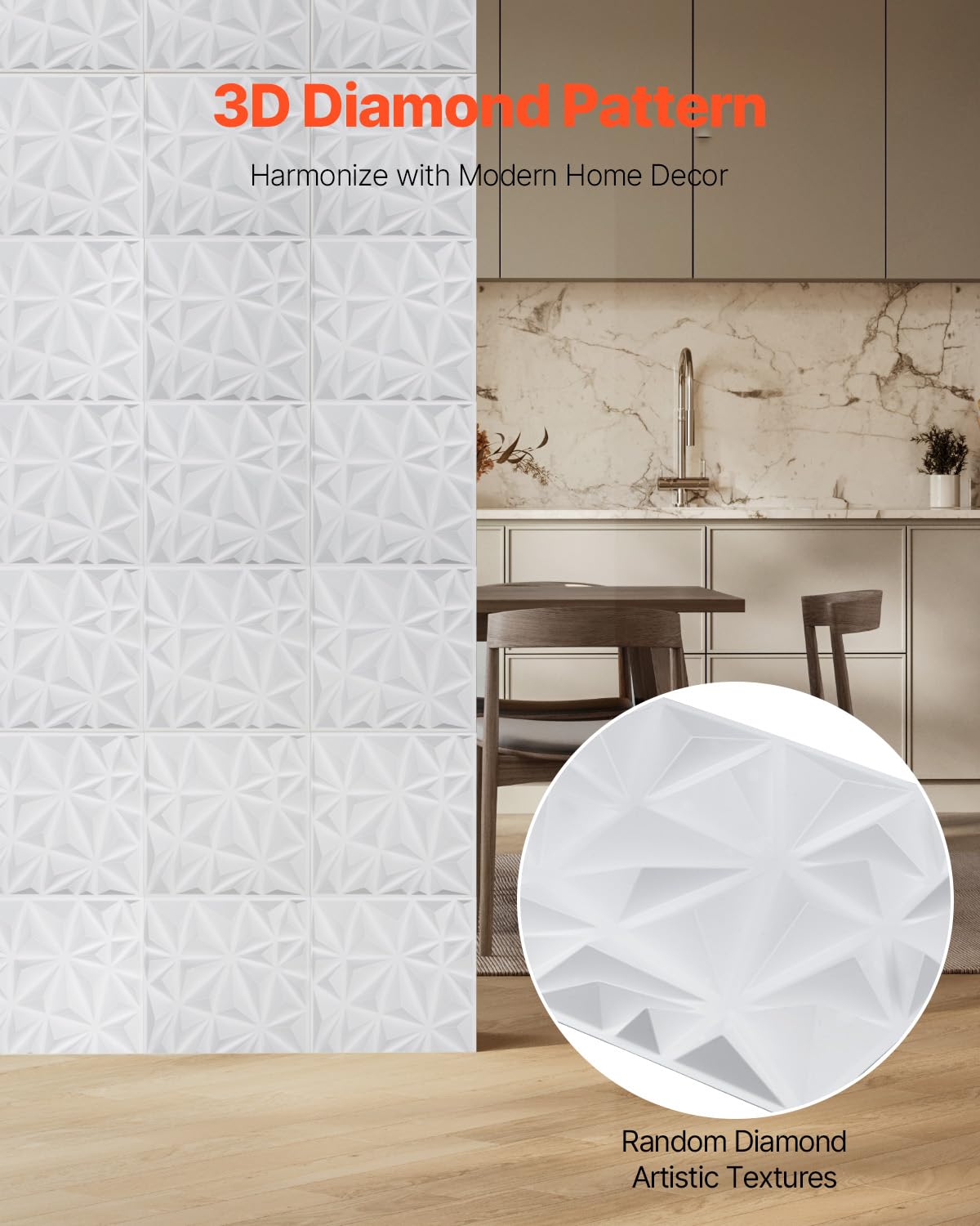 VEVOR 3D Wall Panels, 33-Pack 11.81 x 11.81 in PVC Modern Art Minimalist Diamond Tiles, 32 Sq.Ft Coverage Accent Wall Panel - Image 2