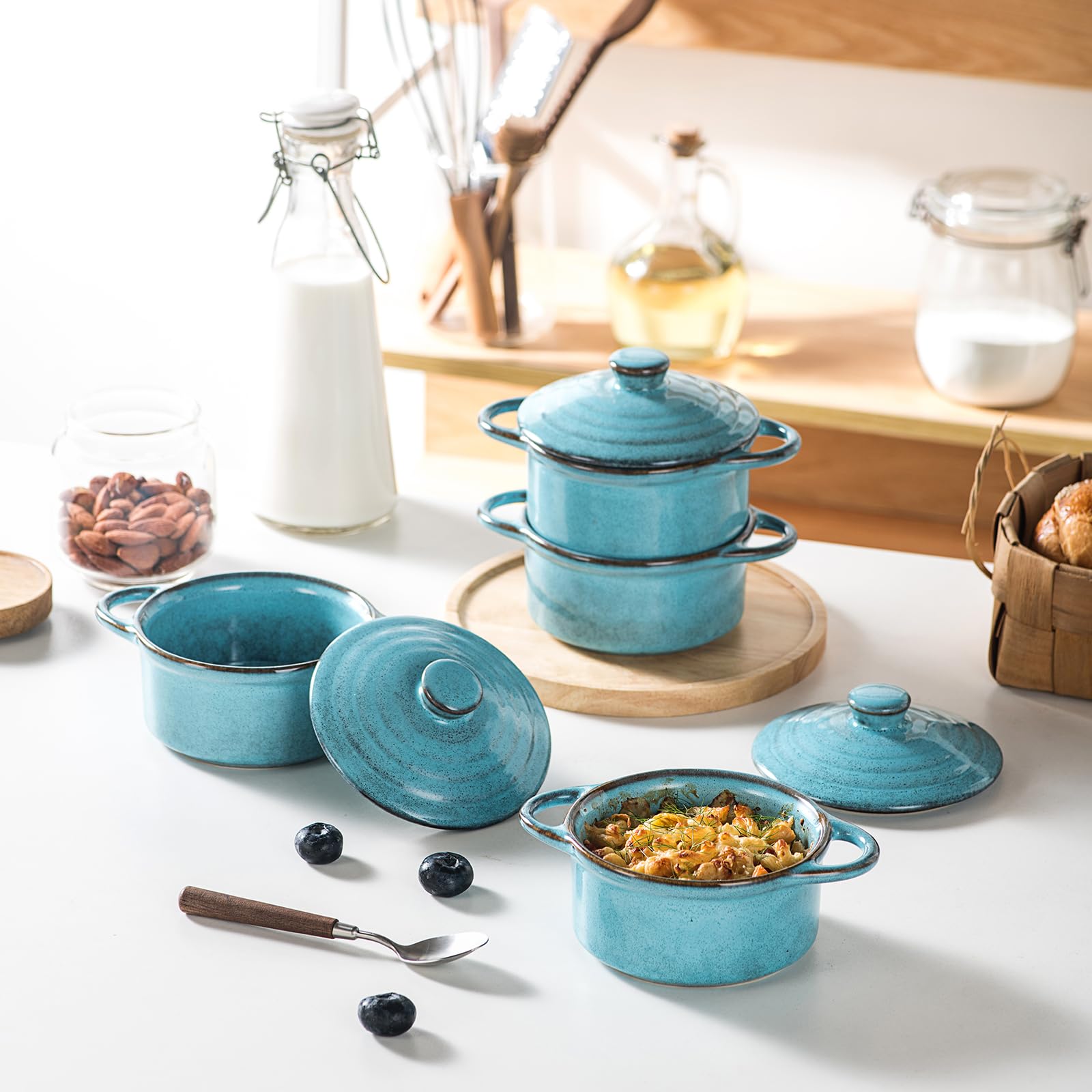 HENXFEN LEAD Cazuela de cerámica, 350 ml, mini ramequines de soufflé de cocottes con tapas y asas, juego de 4 moldes pequeños para hornear, azul reactivo