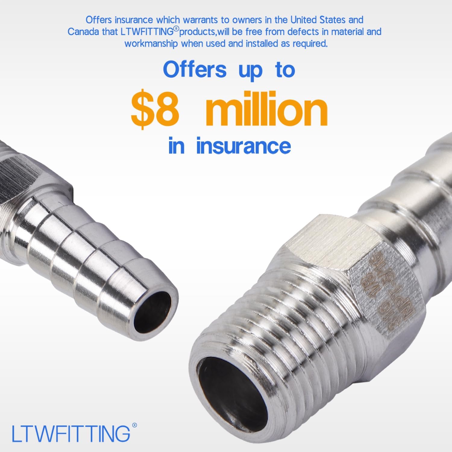 LTWFITTING Bar Production Stainless Steel 316 Barb Fitting Coupler/Connector 5/16" Hose ID x 1/8" Male NPT Air Fuel Water (Pack of 25)