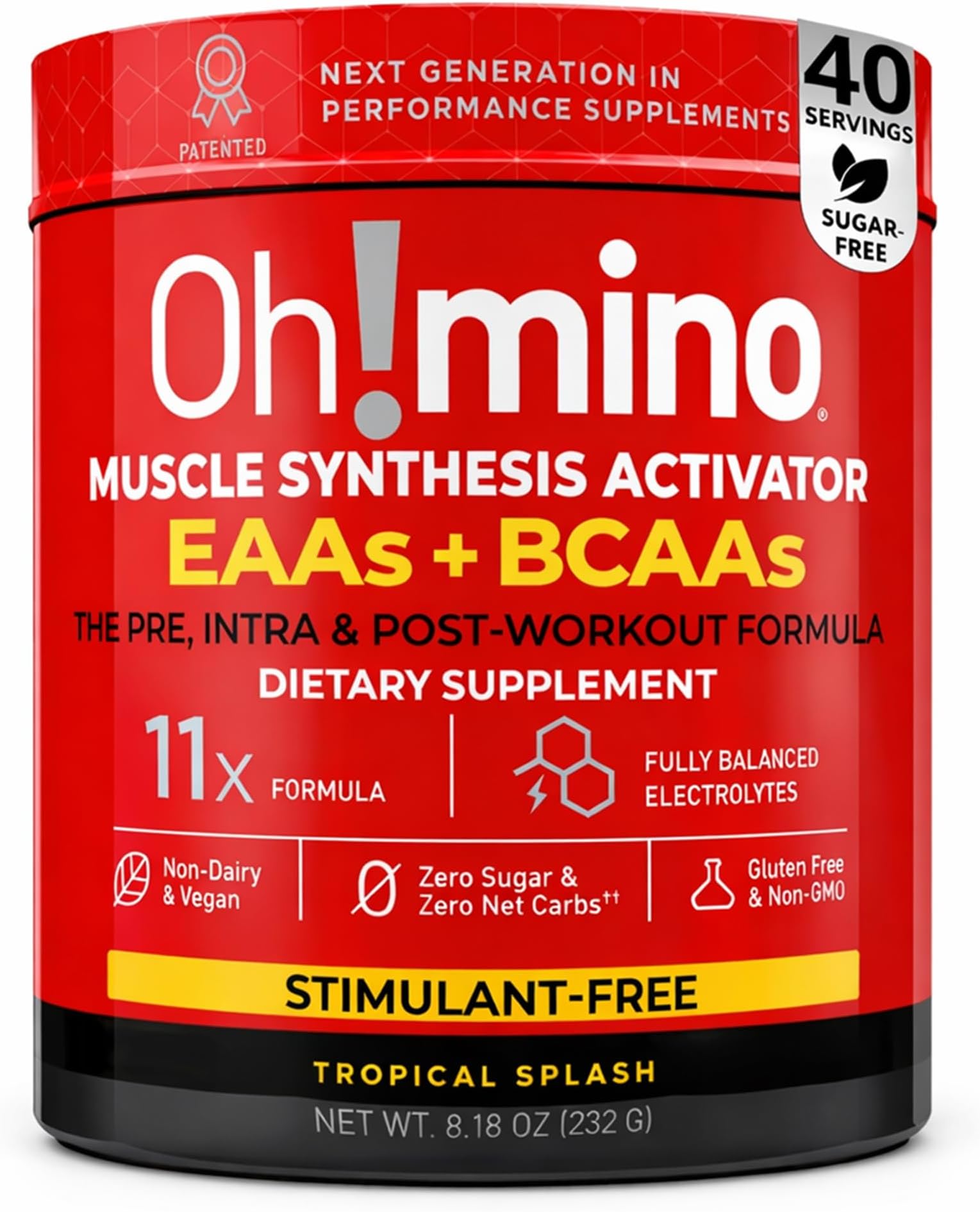 Ohmino Essential Amino Acids for Muscle Gain - BCAAs and EAA Amino acids Powder Supplement, Pre & Post Workout - Non Caffeine, Non Dairy, Vegan, Zero Sugar & Net Carbs - 40 Servings (Tropical Splash)