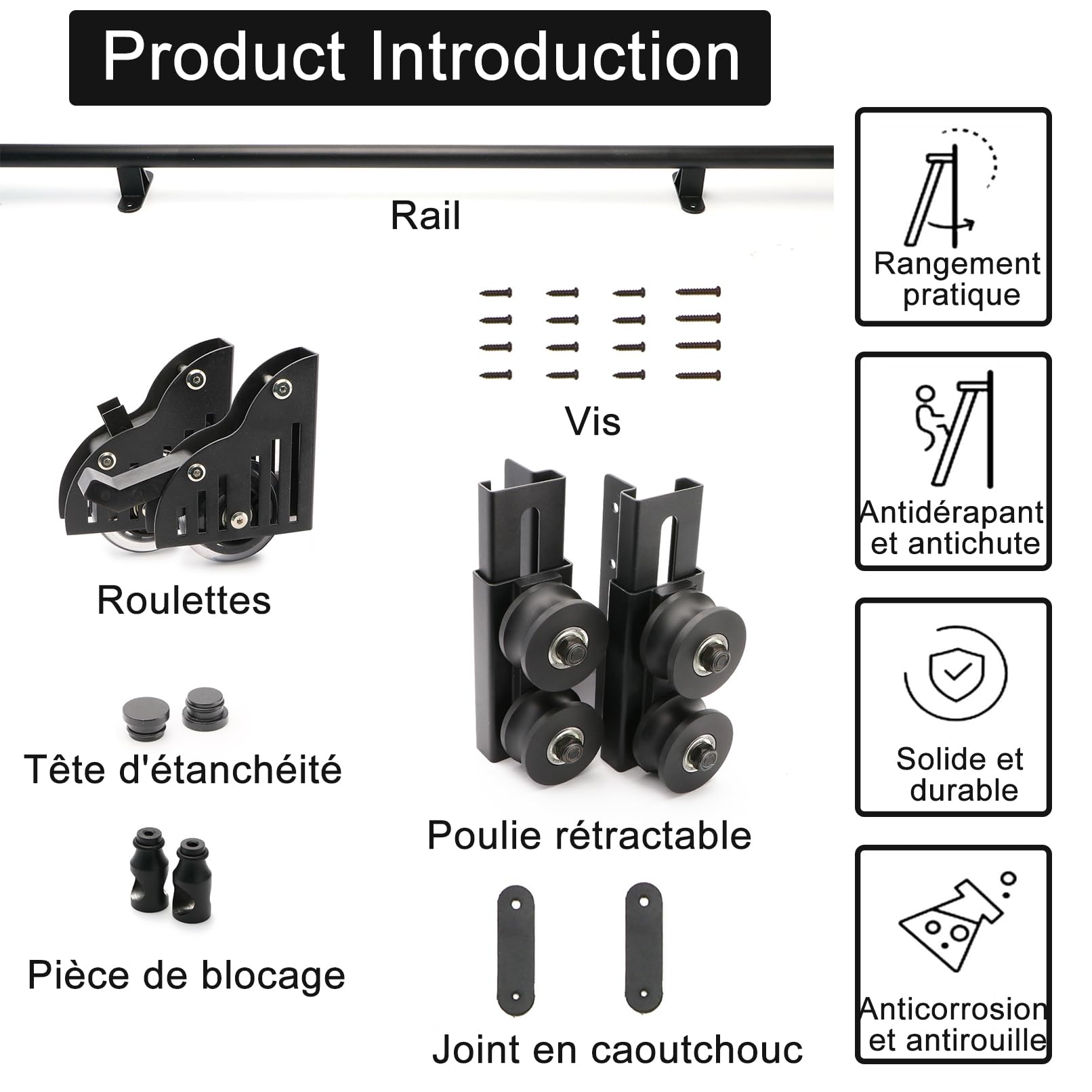 Kit de quincaillerie pour échelle coulissante de bibliothèque avec Rouleau de Sol, Kit De Rail D'échelle À Crochet for Bibliothèque Roulante pour la Maison, intérieur, loft (sans échelle)