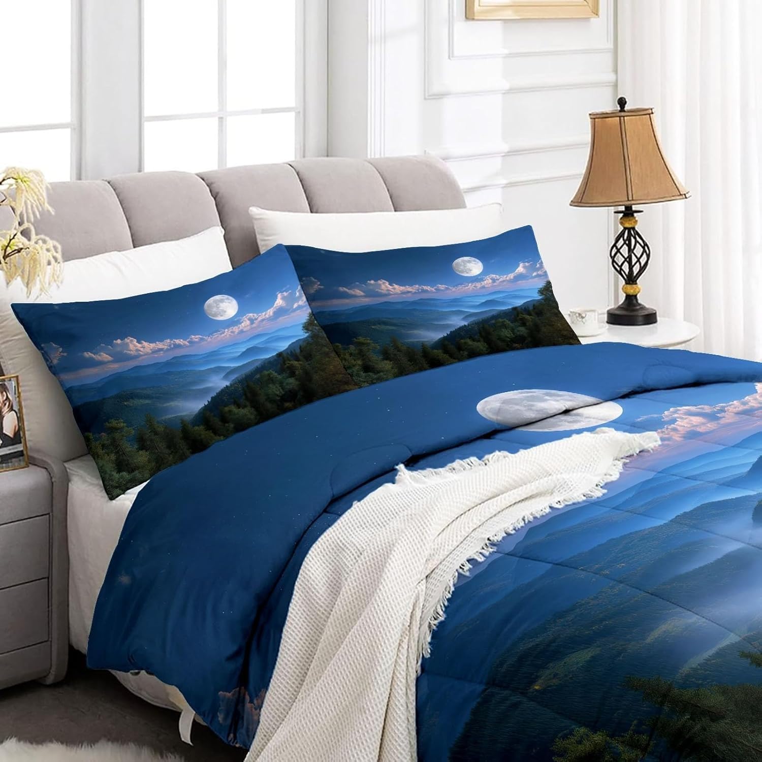 Genérico Edredon Cama 135 Noche de Luna Edredón Nordico Adulto sin Funda Reversible Fondo Azul Estampado Suave Ligero Transpirable Duvet 220x220 cm Incluye 2 Fundas de Almohada 50x75 cm YUa664