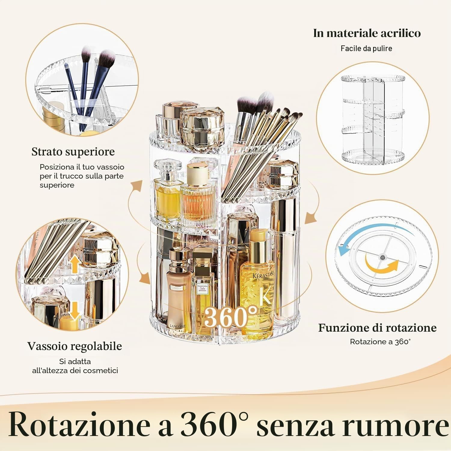 KAHEIGN Organizer per Trucco Rotante a 360°, Supporto per Cosmetici Regolabile in Acrilico 8 Strati di Grande Capacità Portaoggetti per Trucco ProfumoRossetto Costumista Bagno (Chiaro Diamante)