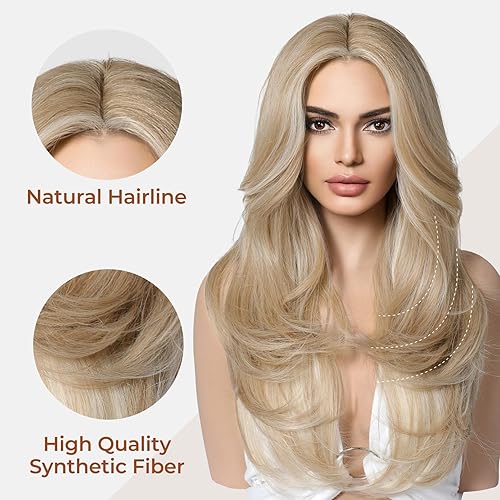 Miniatura 6 de LONAI Pelucas rubias para mujer, 24 pulgadas de largo, rubio natural, partición media, peluca de pelo sintético para uso diario, fiesta, cosplay