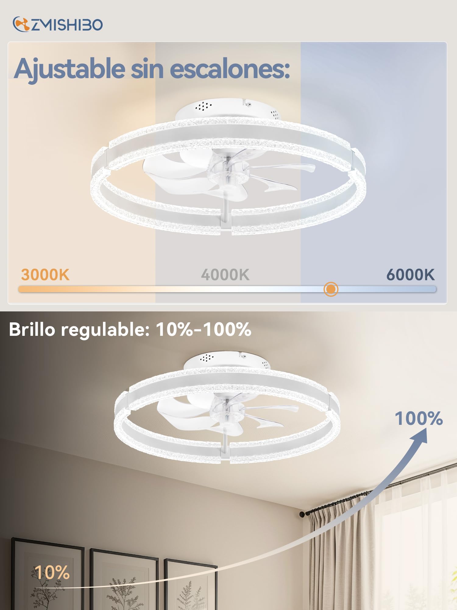 ZMISHIBO Ventilador de techo 51 cm con luz, patrón ondulado, doble anillo LED (blanco), APP y mando a distancia, 6 velocidades, giro adelante/atrás, 3000K-6000K regulable 10%-100%, memoria, temp. 2H