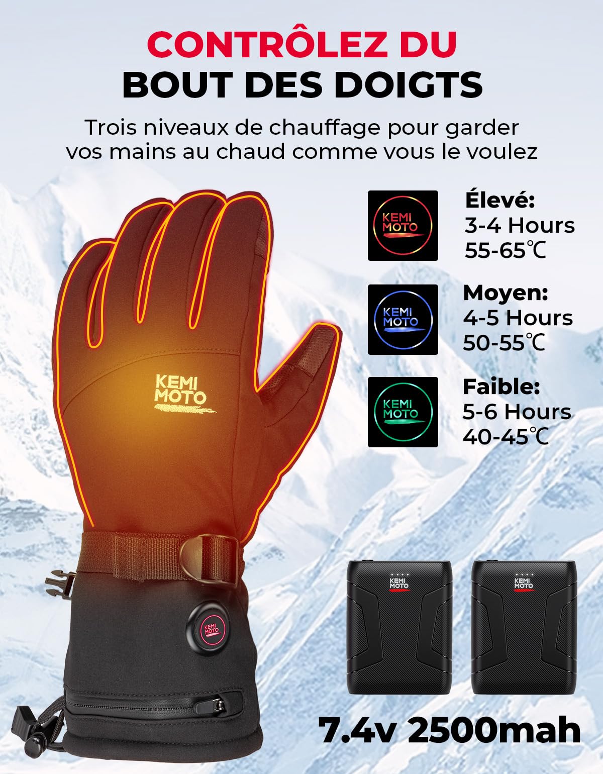 KEMIMOTO Gant Chauffant Moto, Rechargeables Électriques 2500MAH Gant Moto Hiver Imperméables Écran Tactile Thermiques avec 3 Réglages de Chaleur pour Patinage Ski Bicyclette Camping