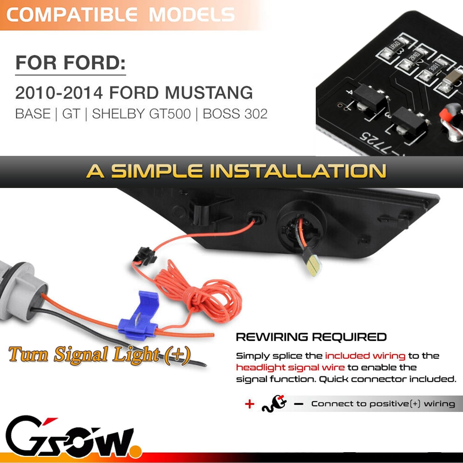 Switchback Sequential LED Side Marker Lights for Ford Mustang 2010-2014, Smoked Lens Front Bumper Amber Turn Signal Reflectors and White DRL