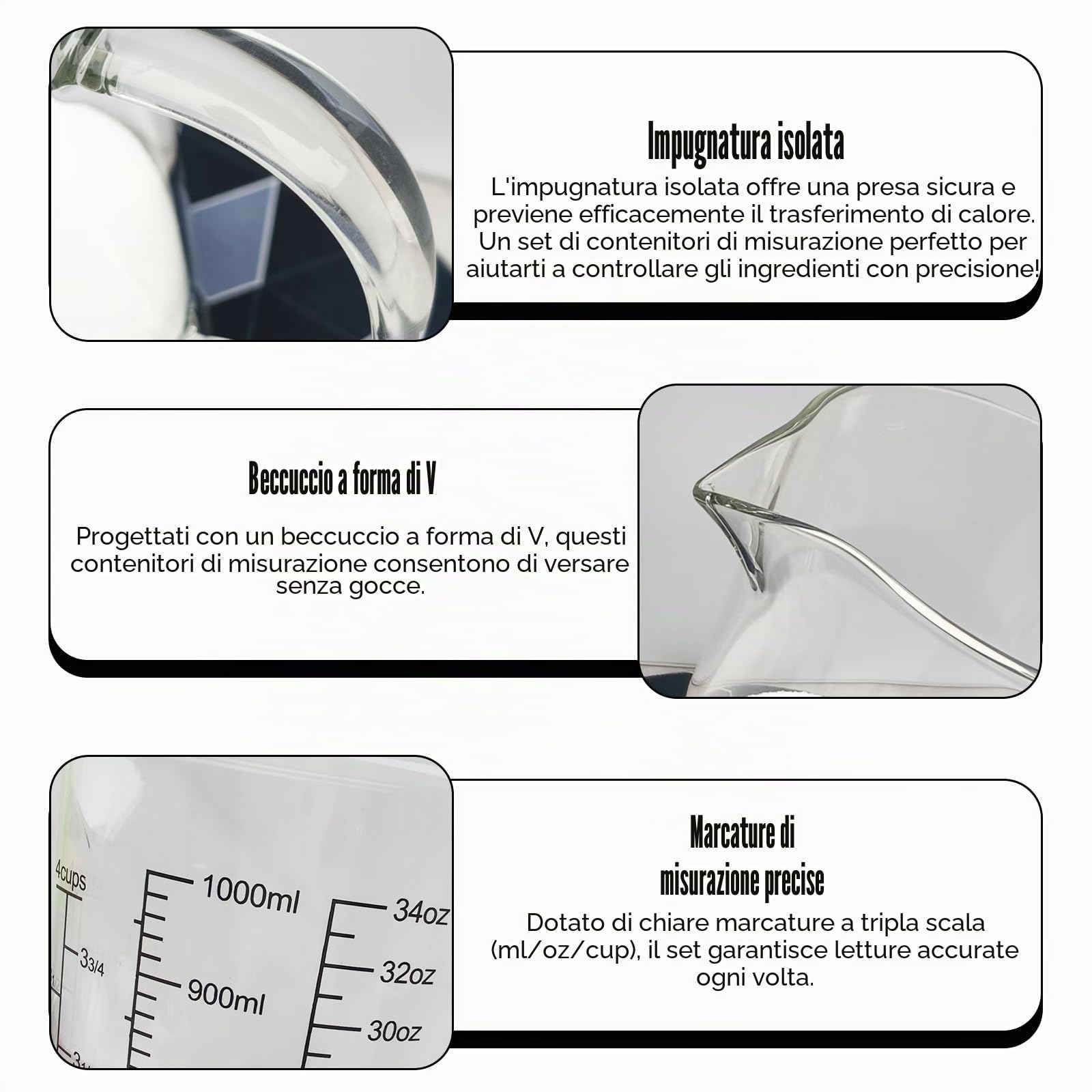 Set di 3 misurini in vetro con coperchio, maniglia, 350 ml, 500 ml, 1000 ml, tazze in vetro borosilicato, resistenti al calore con scala precisa per cucina e cottura
