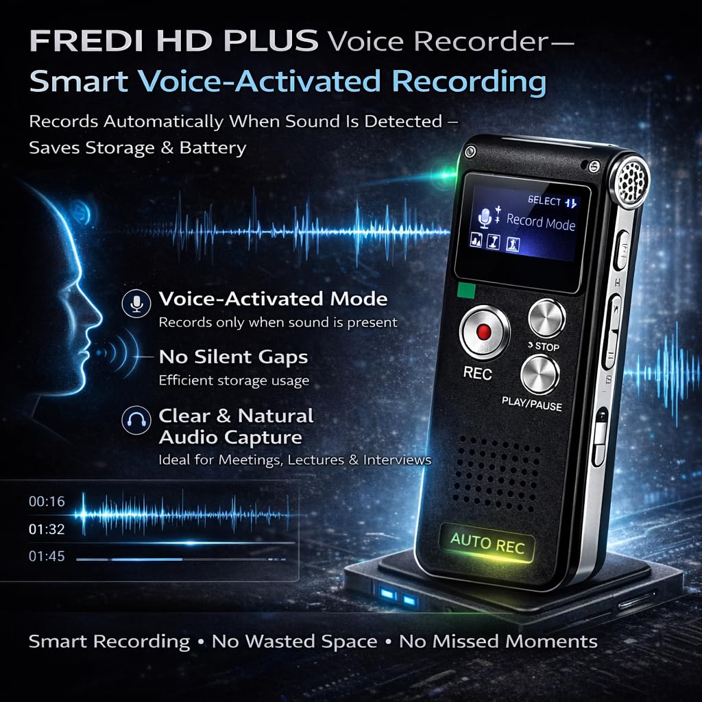 FREDI HD PLUS 8GB Digital Voice Recorder with LCD Display | 10-12 Hours Recording Time | USB Data Transfer | Noise Reduction Microphone | Portable Audio Recorder for Study, Office & Meetings 2