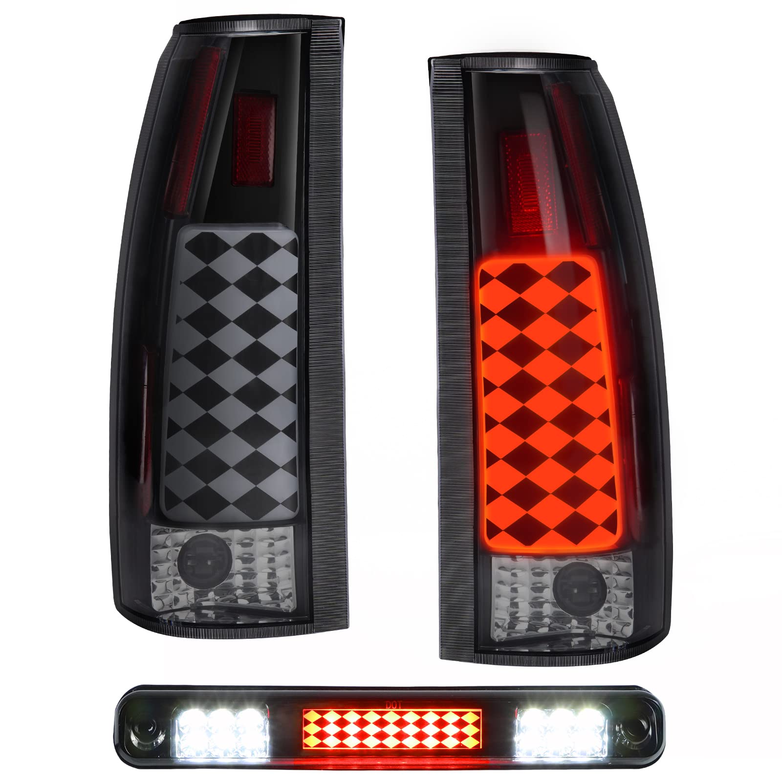 Set of 3, Led Tail Lights Pair+3rd Brake Lamp Fit For Chevy GMC 1988-1999 C/K 1500, 1988-2000 C/K 2500/3500, 1992-1994 Chevy Blazer, 1994-1998 Chevy Silverado, Only Fit Factory Incandescent Model