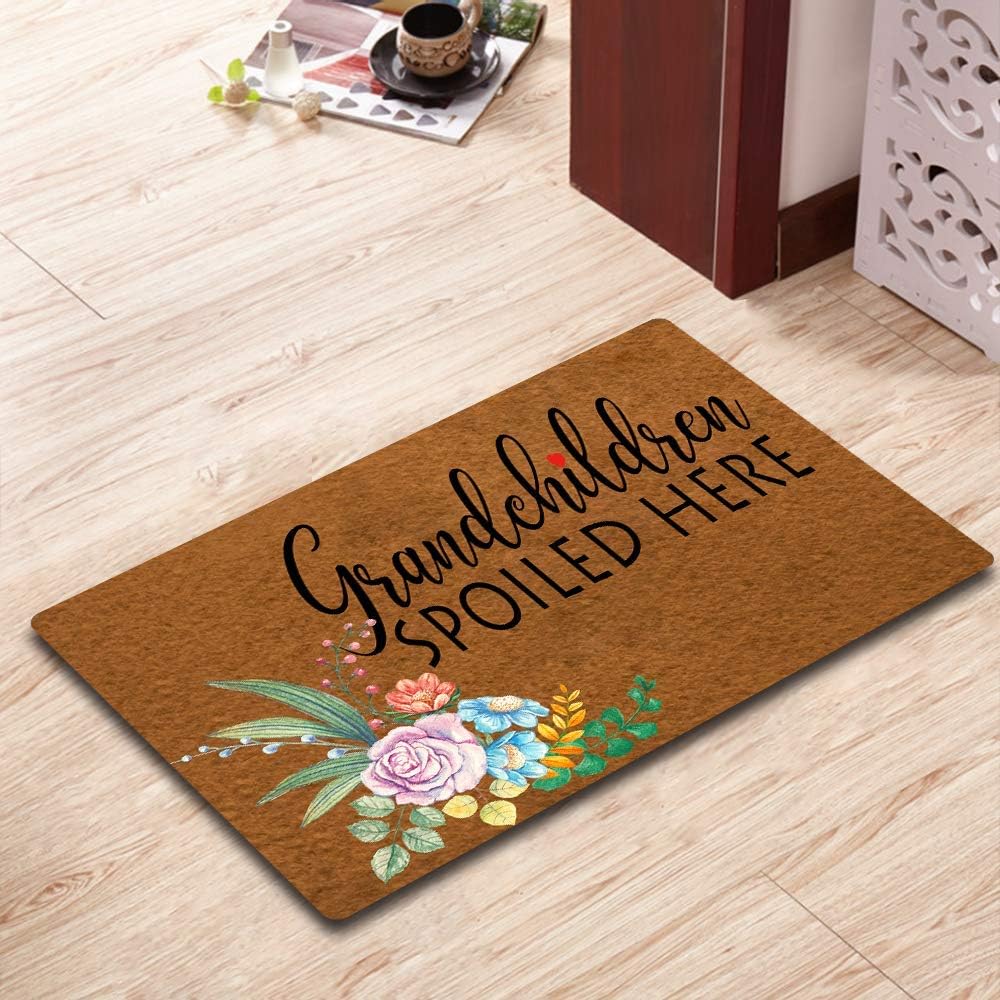 Grandchildren Spoiled Here Doormat Funny Welcome Mat Front Door Mat Rubber Non Slip Backing Funny Doormat Indoor Outdoor Rug 30 in(W) X 18 in(L)