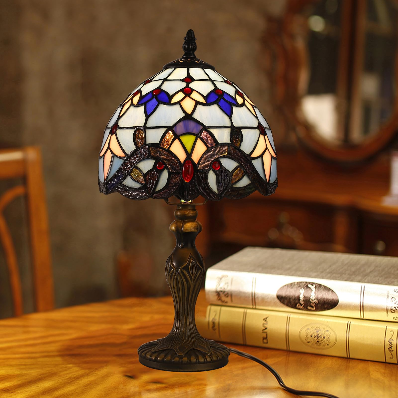 Lampada Tiffany da Tavolo con Paralume in Vetro Colorato per Soggiorno, Camera da Letto, Studio e Tavolino da Caffè