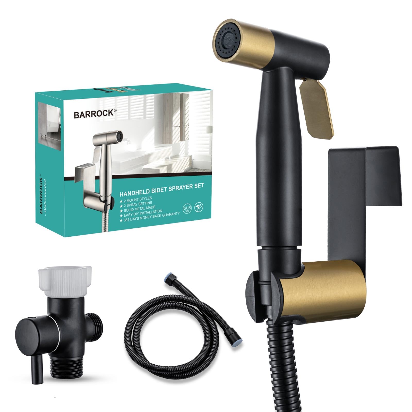 BARROCK Handheld Bidet Sprayer for Toilet, Stainless Steel Metal Made Baby Cloth Diaper Spraying Kit, Bathroom Toilet Bidet Attachment Set for Bathing Pets and Feminine Washing,Matte Black and Gold