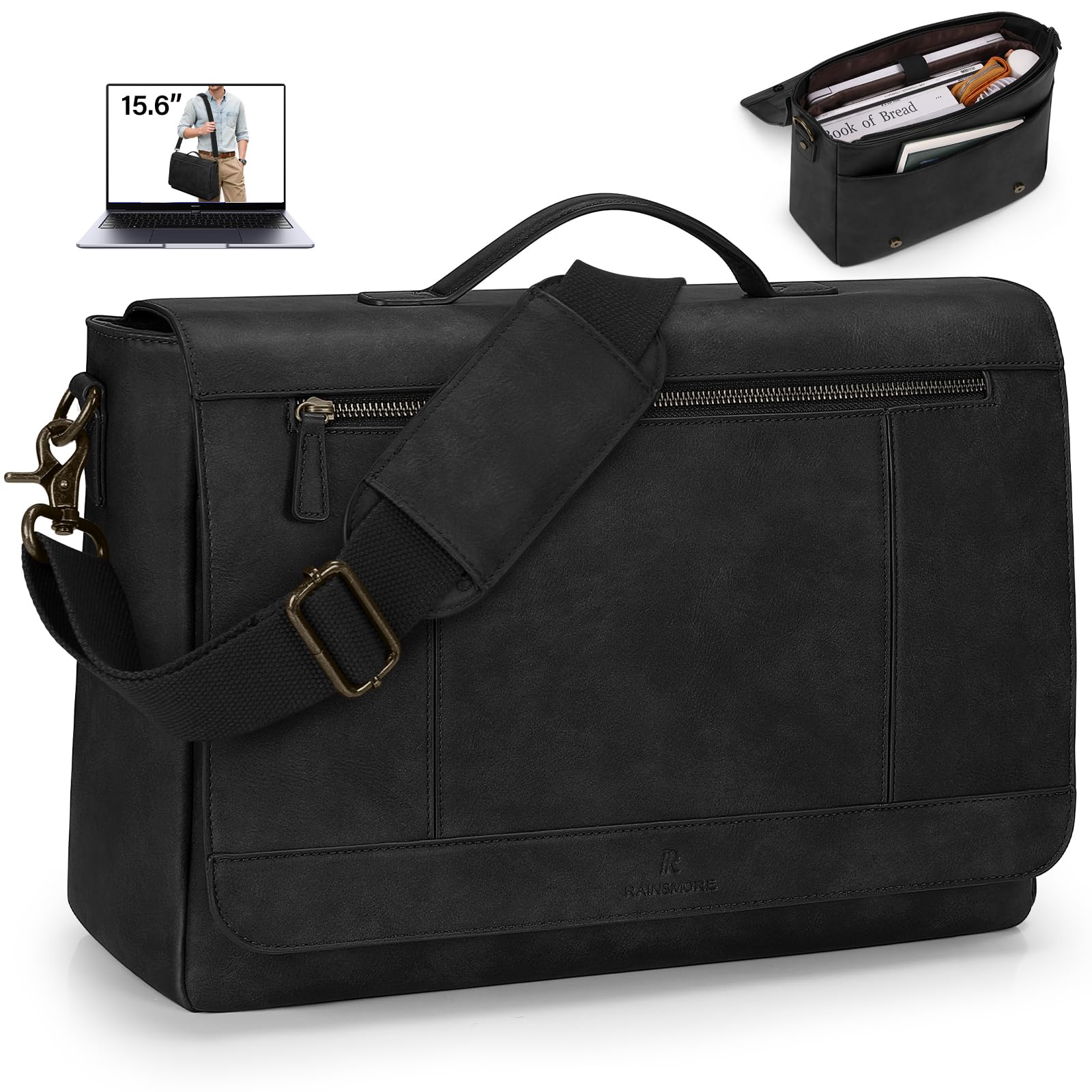 RAINSMORE Aktentasche Herren Leder Wasserdichte Umhängetasche Laptoptasche 15,6 Zoll Vintage Groß Arbeitstasche Messenger Bag Schultertasche für Arbeit Büro Uni Schule