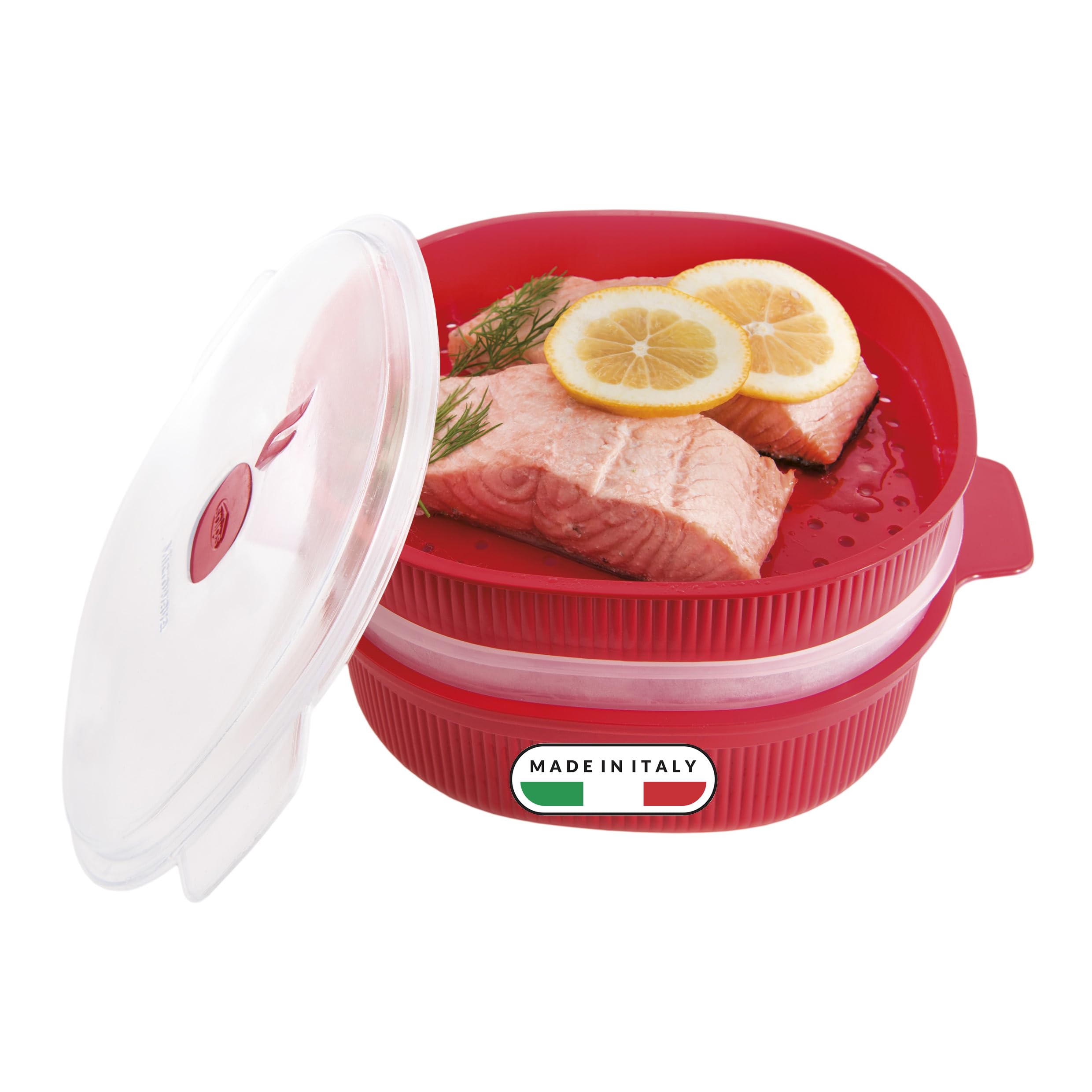Snips Microwave Steamer 4L, 2 Tier Microwave Steam Cooker for Vegetables, Fish and Meat, Dishwasher Safe Microwave Container, Red, 26.5 x 22 x 13.5 cm Made in Italy