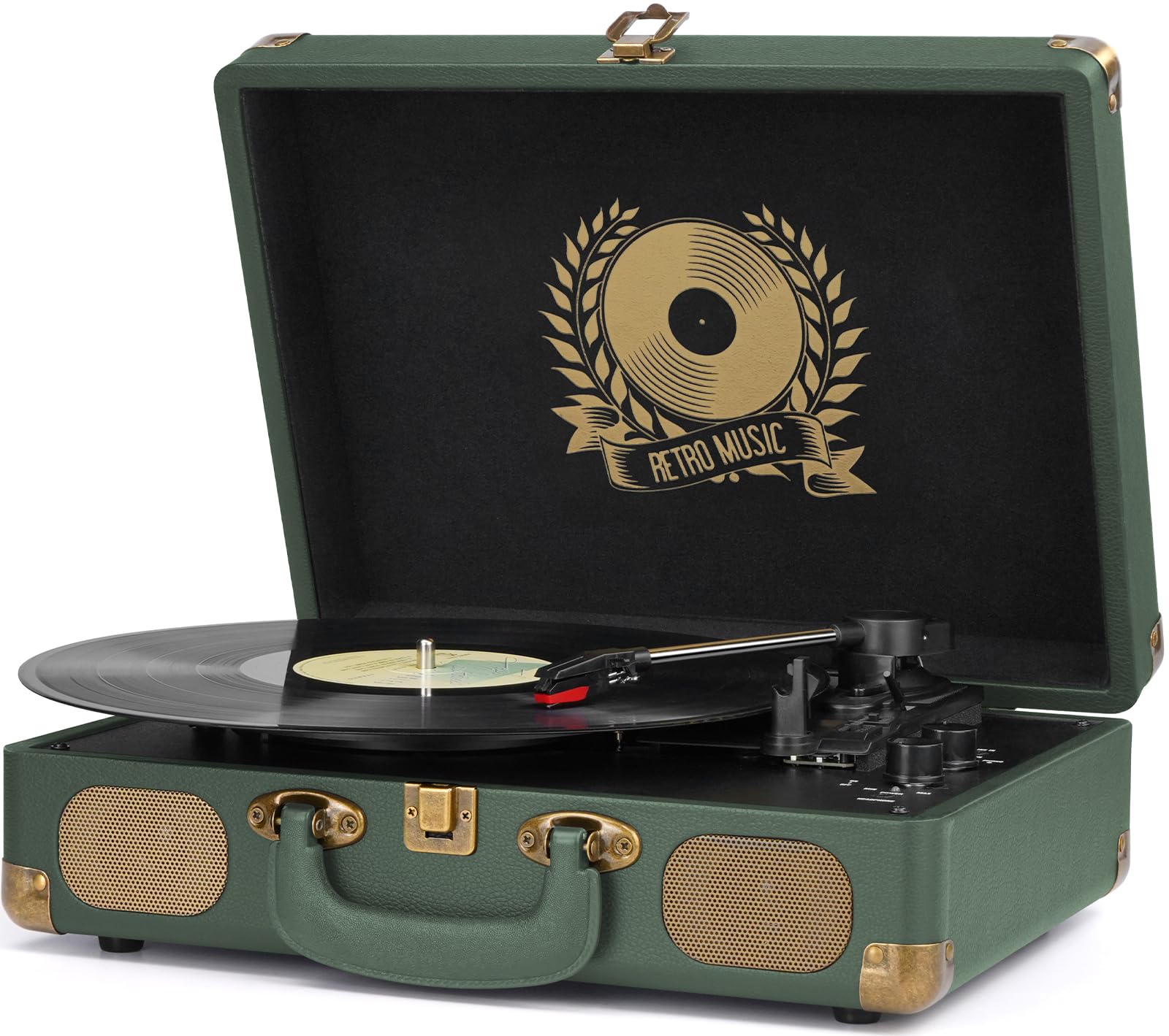 Tocadiscos Bluetooth de Vinilo Vintage, Reproductor de Discos Portátil 33/45/78 RPM, Altavoces Integrados, Salida RCA, Entrada AUX y Conector para Auriculares, Verde Militar