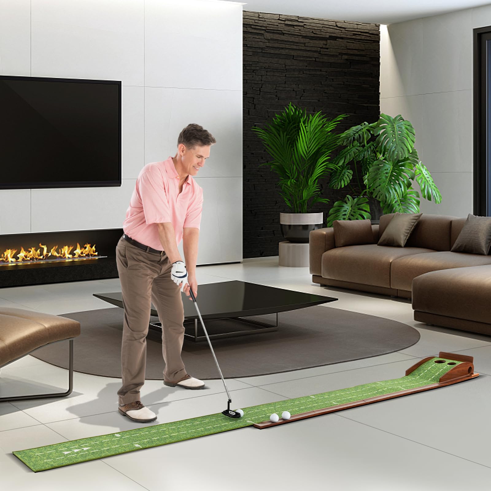 LIFEZEAL Golf Putting Matte, Golfmatte mit Löchern, Tragbarer Golf Übungsmatte mit automatischer Rückkehr, Golfübungsgeräte Golf Matte für den Innenbereich & Außenbereich