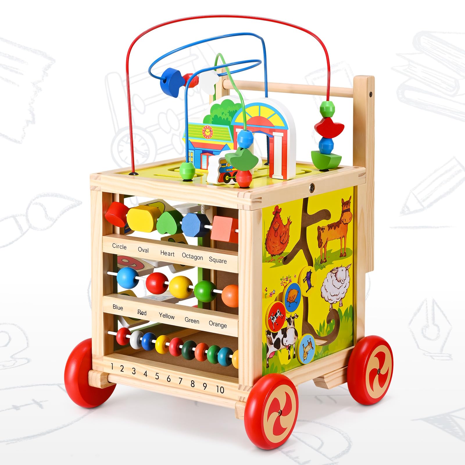 Andador de madera para bebés, andador multifuncional con 5 actividades, mango ajustable, estructura triangular estable, juguete educativo para niños pequeños a partir de 1 año