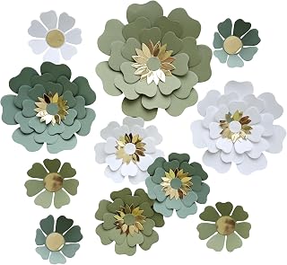 Paper Flower for Birthday Wedding Party Backdrop Nursery Wall Home Decor (10 inch-6 inch) Pack of 12 (Dusty Green White)