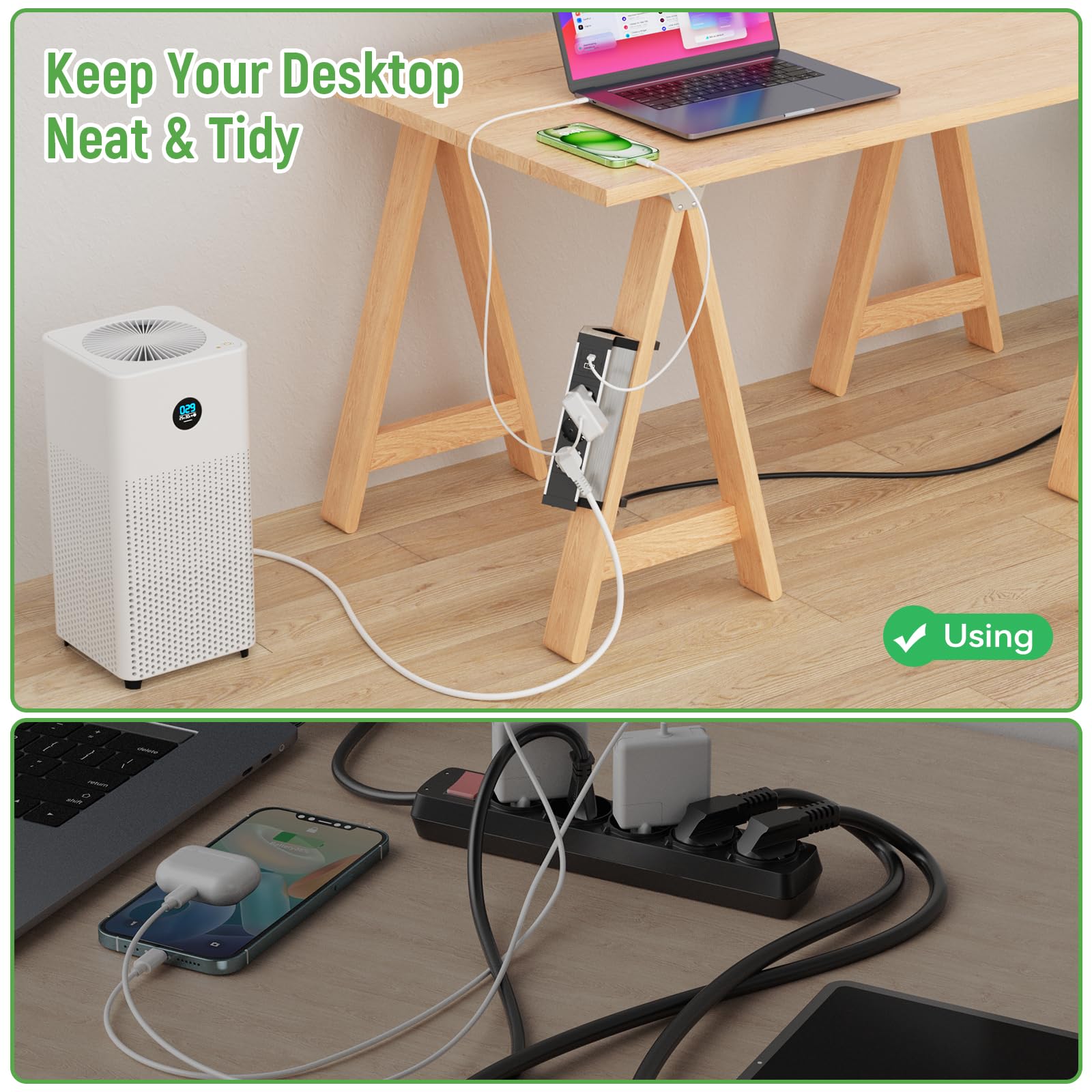 Ciabatta Multipresa con USB C, Multipresa Scrivania 3 Presa e 2 porte USB, Presa Multipla Impostazione Salvaspazio per Tavolo, Scrivania, 2500W/16A, Nera, Cavo da 1,8M