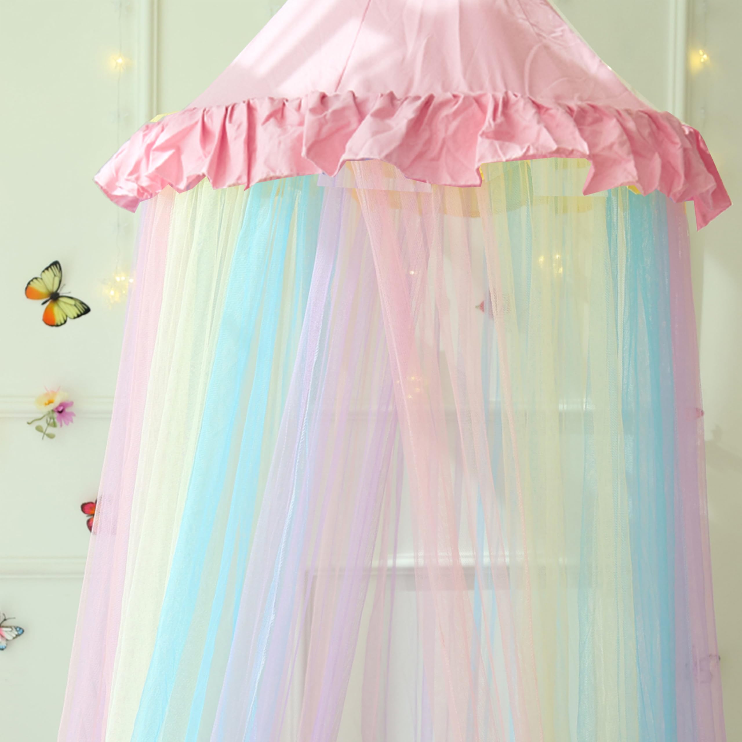 Wnqou Rainbow Bed Canopy for Girls,X-Large Princess Canopy Hanging Netting Bedroom Decor for Girls Mosquito Net for Baby Crib Twin to King Size Bed (Pink Rainbow) - Image 4