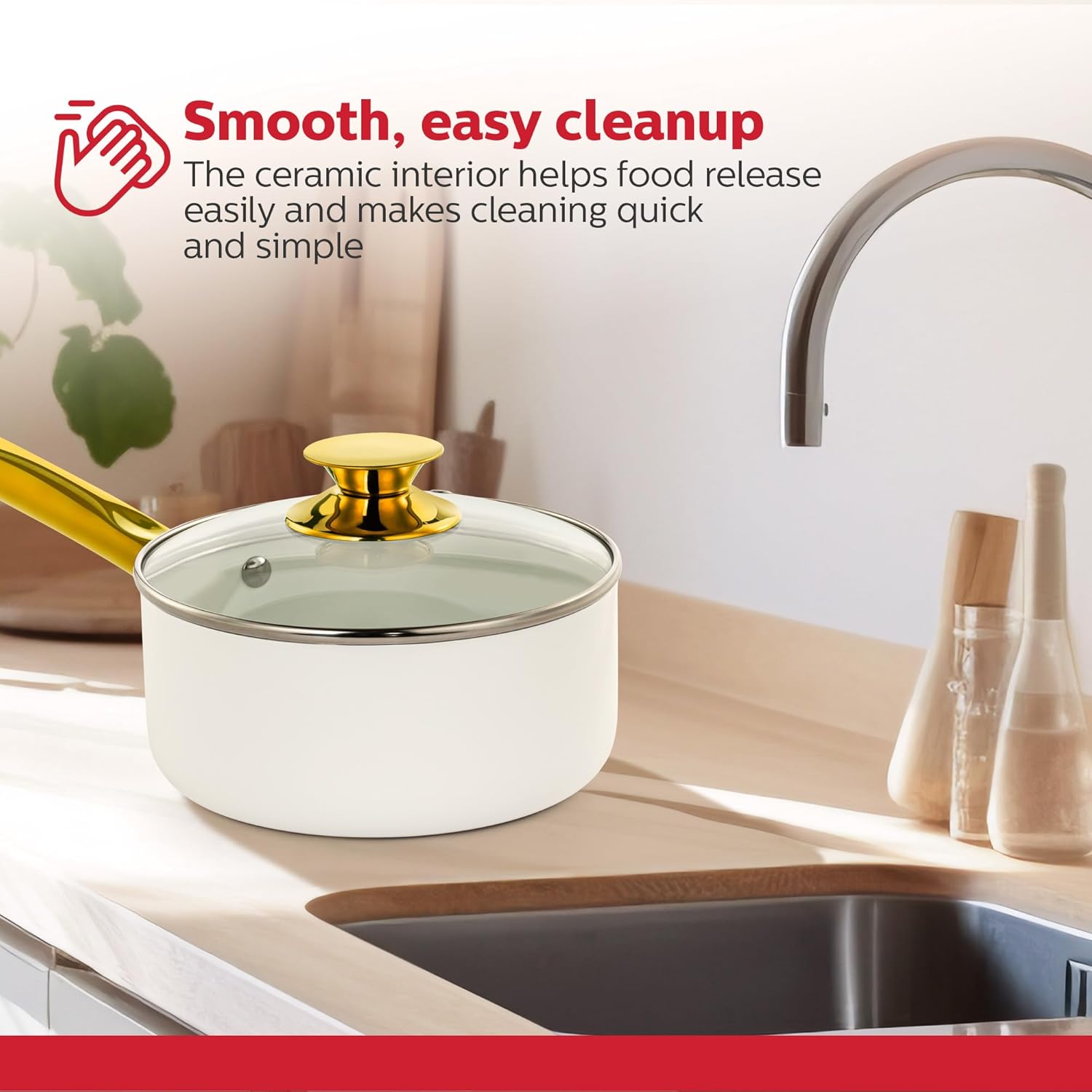 Holstein Housewares 2.5QT Ceramic Non-Stick Sauce Pan with Lid, Multipurpose Sauce Pan for Simmering & Boiling, Stainless Steel Golden Handle, Induction, Gas & Electric Compatible, White and Gold