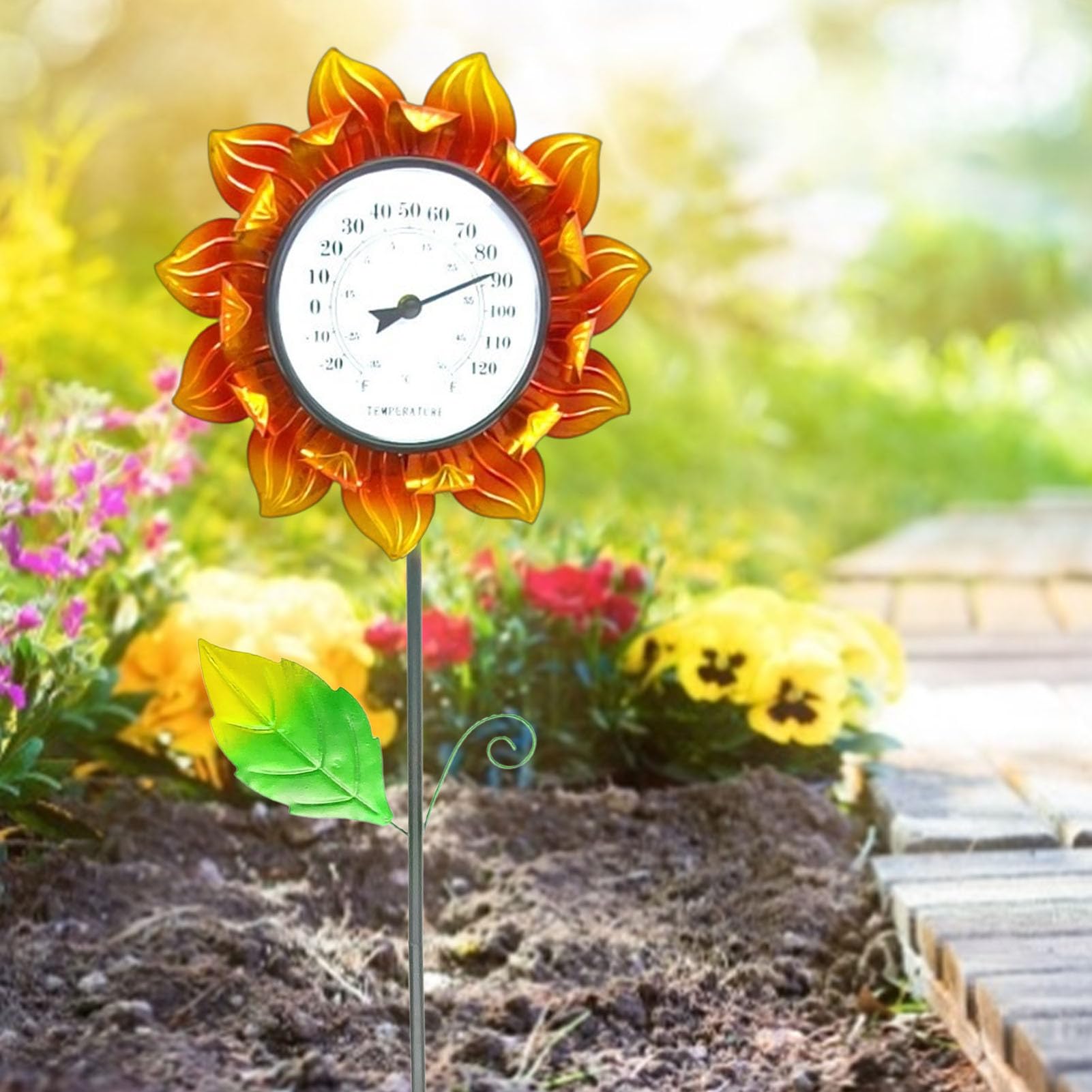 Termometro da esterno con picchetto in metallo, 102 cm, facile da montare | termometro decorativo da parete a forma di girasole, calibrato automaticamente, per interni ed esterni, decorazioni per patio